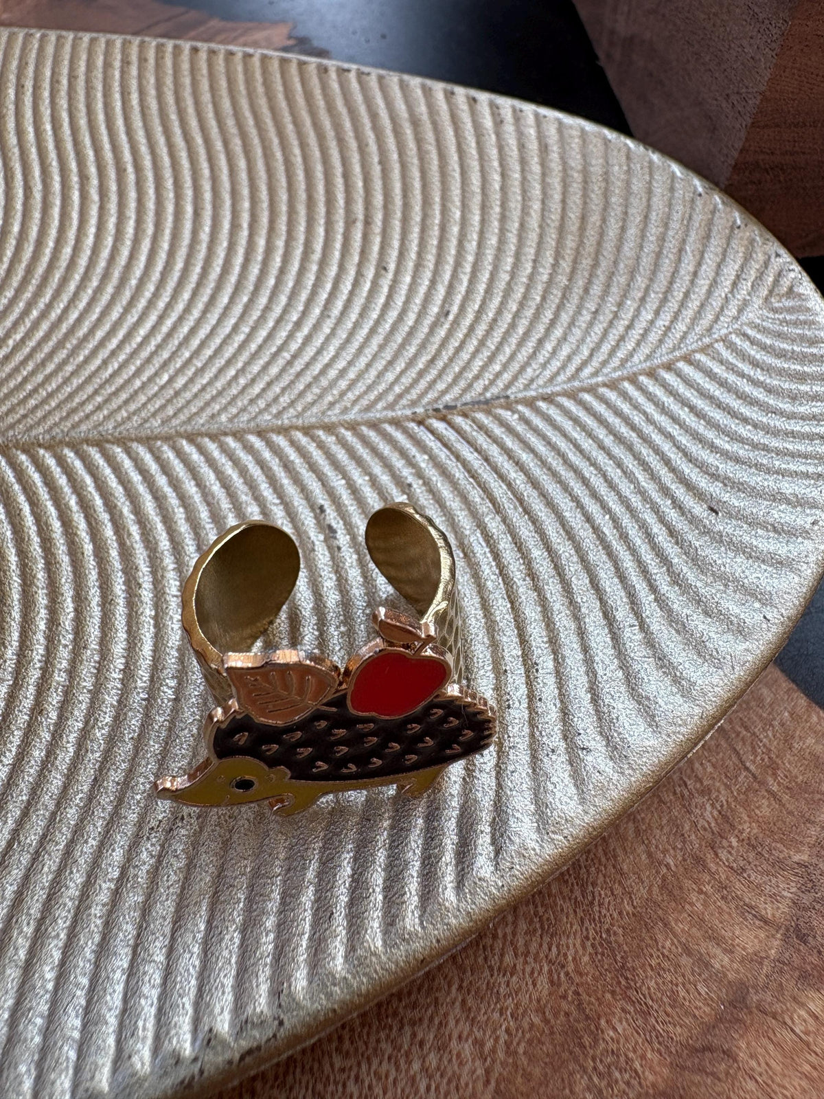 Hedgehog Ring, Adjustable Gold Plated Ring, Apple Woodland Jewelry, Hammered Open Band Ring, Cottagecore Gift for Her