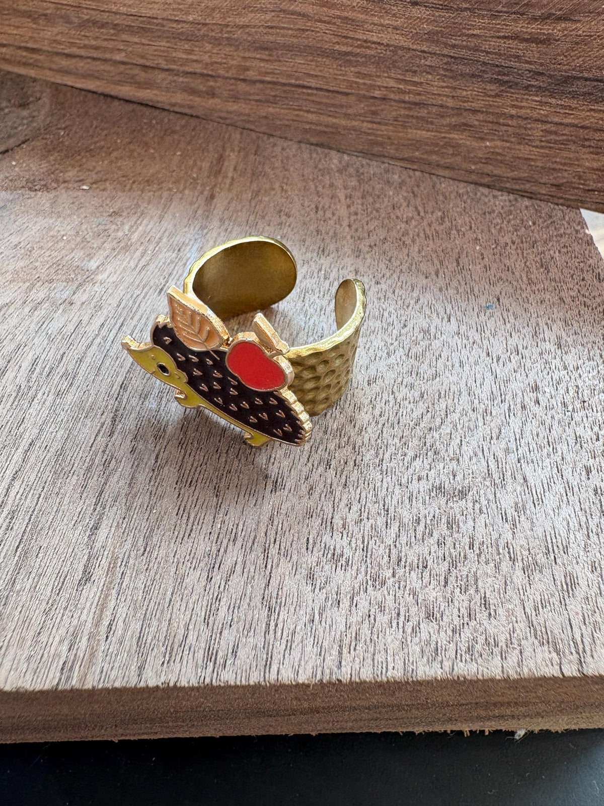 Hedgehog Ring, Adjustable Gold Plated Ring, Apple Woodland Jewelry, Hammered Open Band Ring, Cottagecore Gift for Her