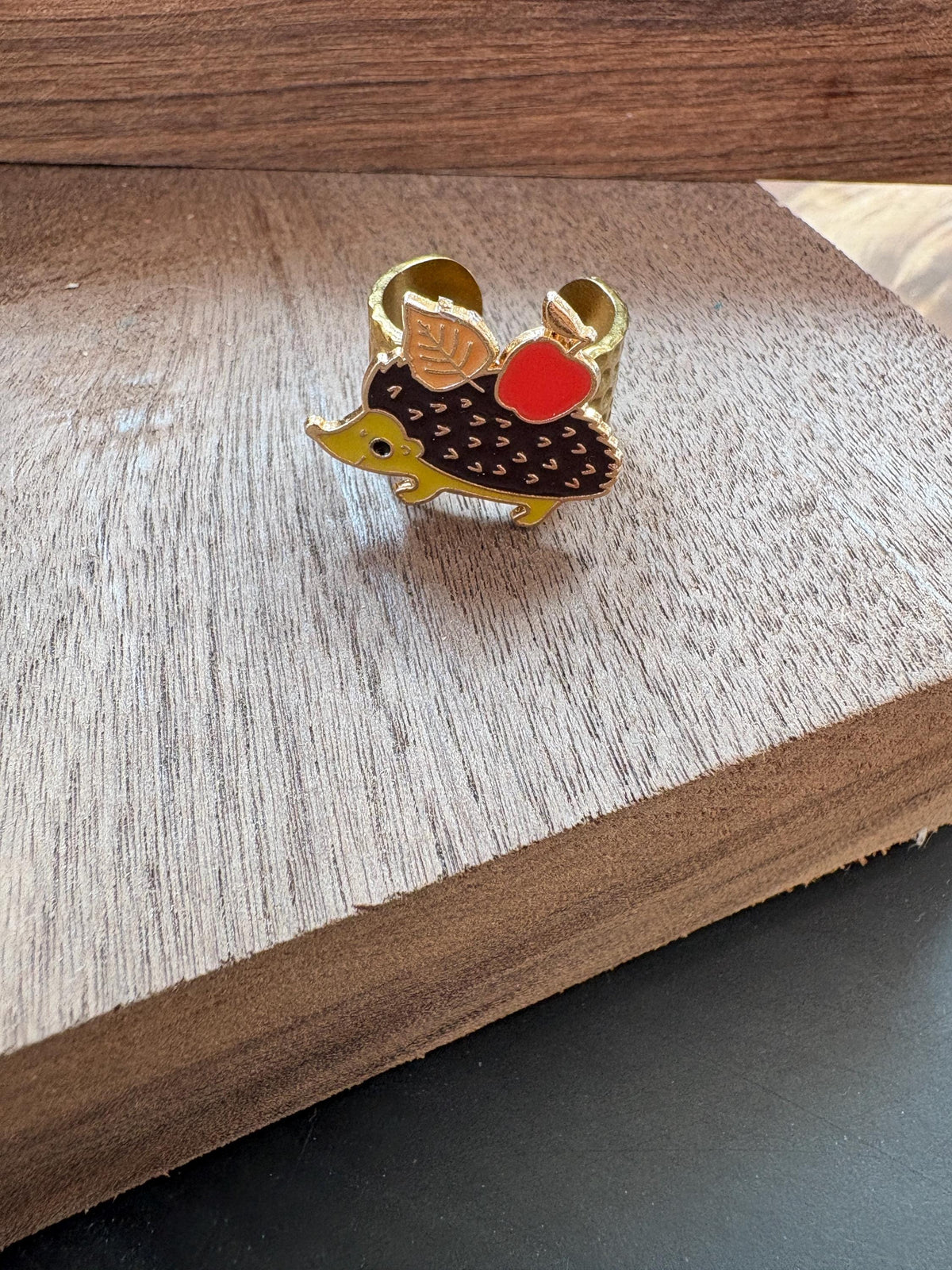 Hedgehog Ring, Adjustable Gold Plated Ring, Apple Woodland Jewelry, Hammered Open Band Ring, Cottagecore Gift for Her