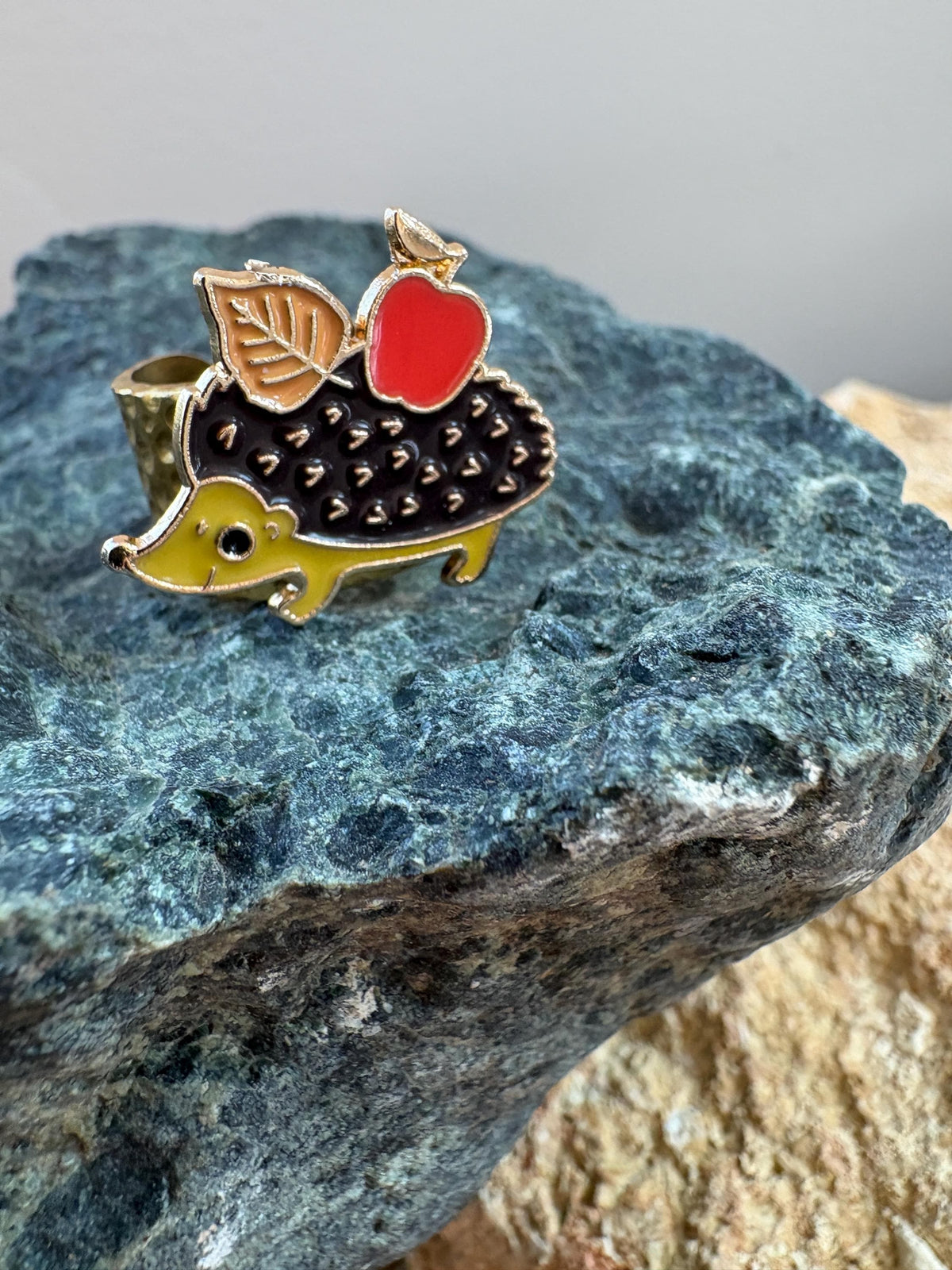 Hedgehog Ring, Adjustable Gold Plated Ring, Apple Woodland Jewelry, Hammered Open Band Ring, Cottagecore Gift for Her