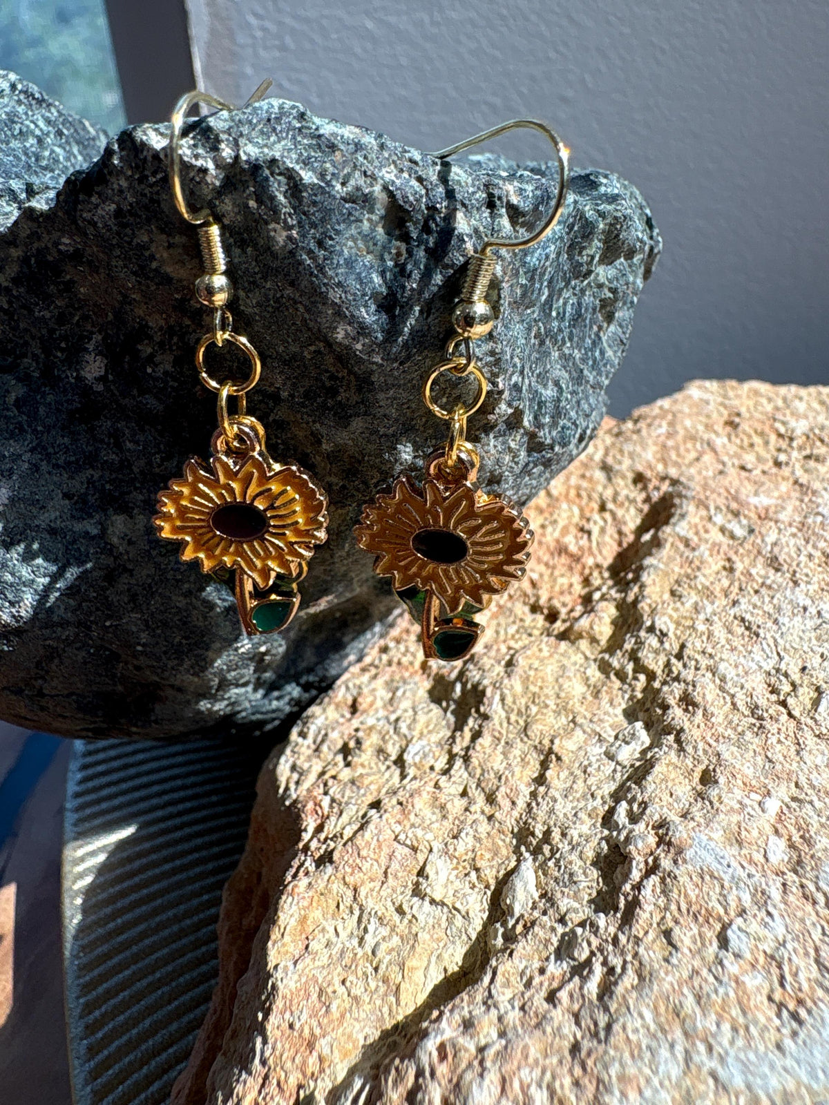 Sunflower Earrings, Green Leaf Dangle Earrings, Botanical Floral Jewelry, Nature Earrings, Garden Lover Gift for Her
