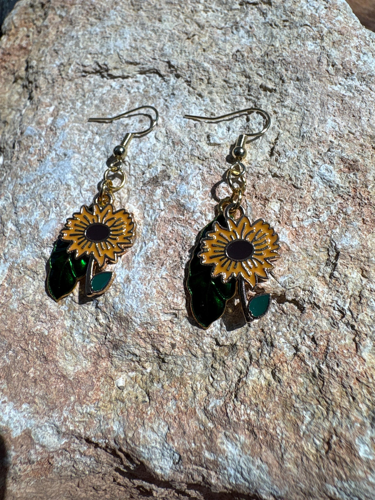 Sunflower Earrings, Green Leaf Dangle Earrings, Botanical Floral Jewelry, Nature Earrings, Garden Lover Gift for Her