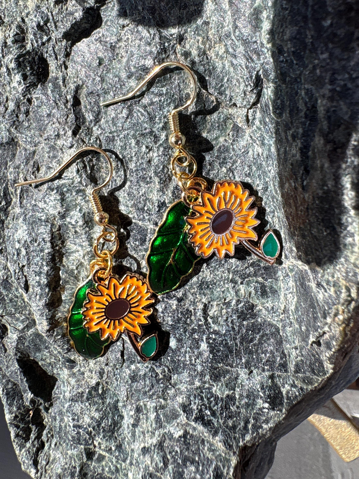 Sunflower Earrings, Green Leaf Dangle Earrings, Botanical Floral Jewelry, Nature Earrings, Garden Lover Gift for Her