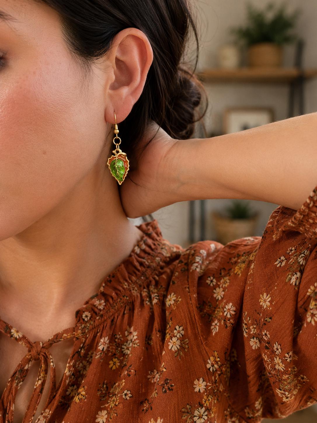 Fall Leaf Earrings, Orange Green Leaf Dangle Earrings, Autumn Jewelry, Thanksgiving Earrings, Nature Lover Gift for Her