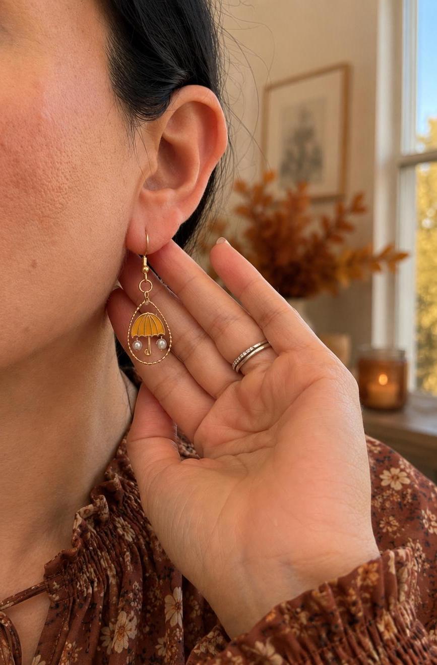 Yellow Umbrella Rain Earrings, Rainy Day Dangle Earrings, Blue Raindrop Resin Jewelry, Whimsical Spring Earrings