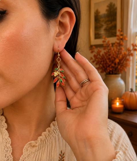 Leaf Earrings, Fall Dangle Earrings, Orange and Green Autumn Jewelry, Thanksgiving Earrings, Fall Gift for Her
