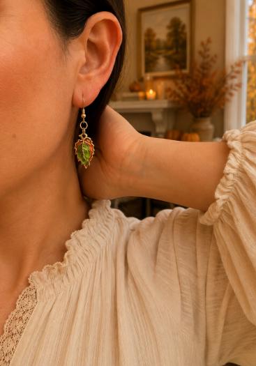 Fall Leaf Earrings, Orange Green Leaf Dangle Earrings, Autumn Jewelry, Thanksgiving Earrings, Nature Lover Gift for Her