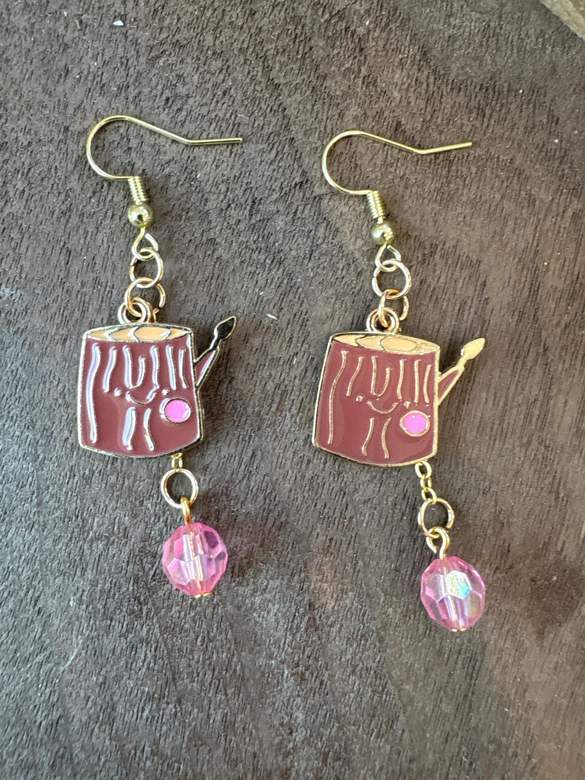Log Wood Earrings, Fall Dangle Earrings, Woodland Autumn Jewelry, Pink, Brown, and Gold