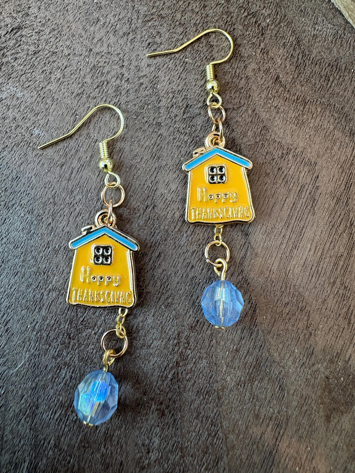 House Earrings, Fall Dangle Earrings, Autumn Harvest Jewelry, Cute Thanksgiving Gift, Yellow and Blue