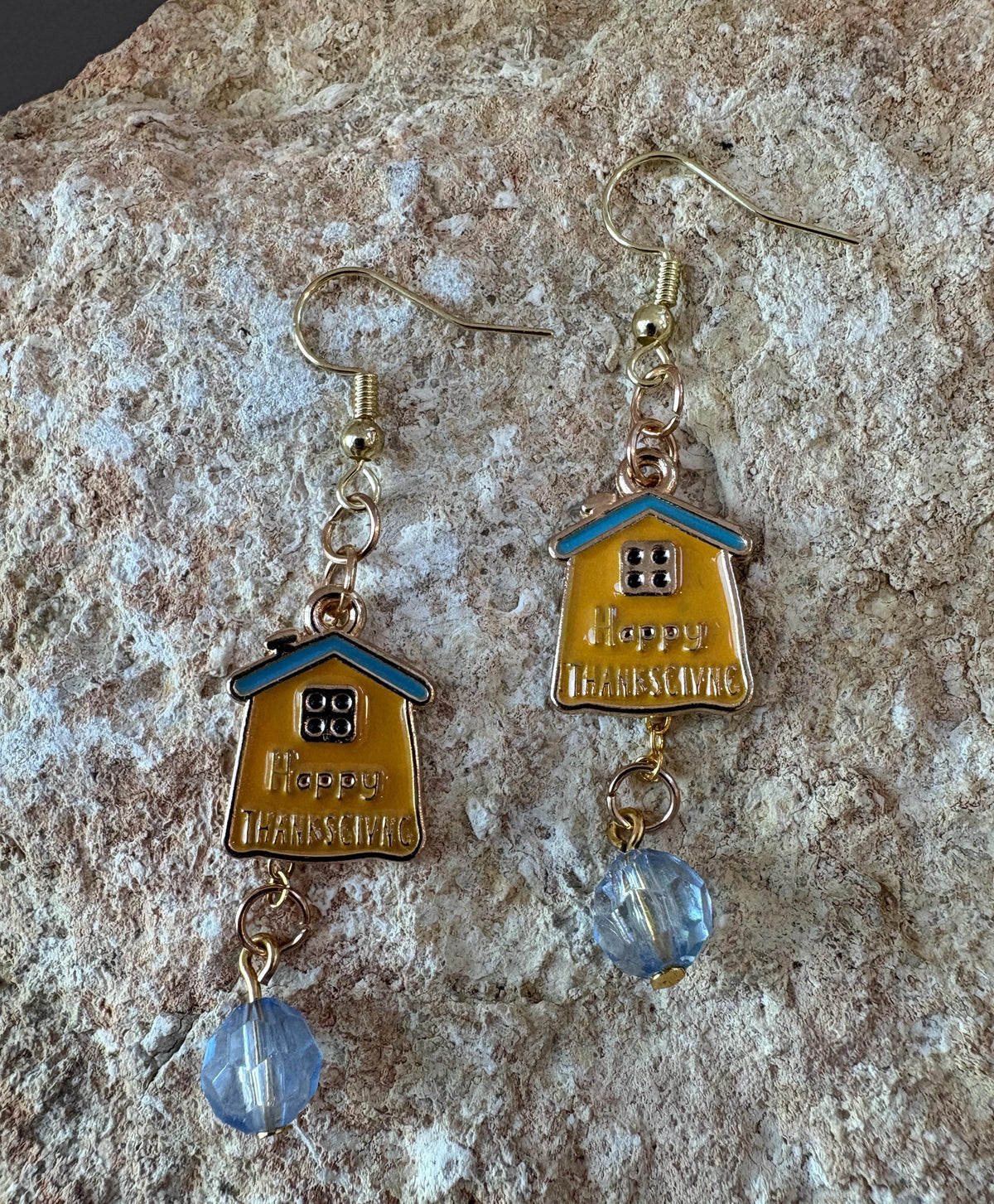 House Earrings, Fall Dangle Earrings, Autumn Harvest Jewelry, Cute Thanksgiving Gift, Yellow and Blue