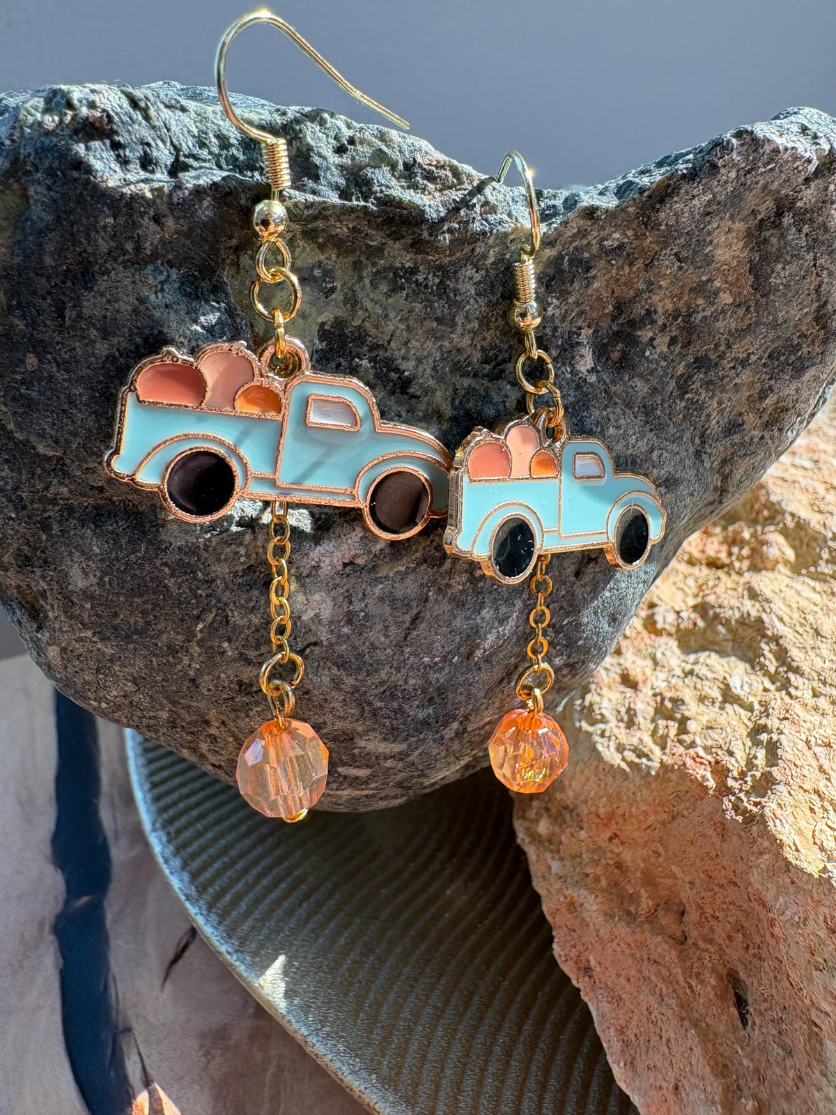 Blue Truck Pumpkin Earrings, Fall Dangle Earrings, Autumn Jewelry, Vintage Pickup Truck Earrings, Pumpkin Patch Gift