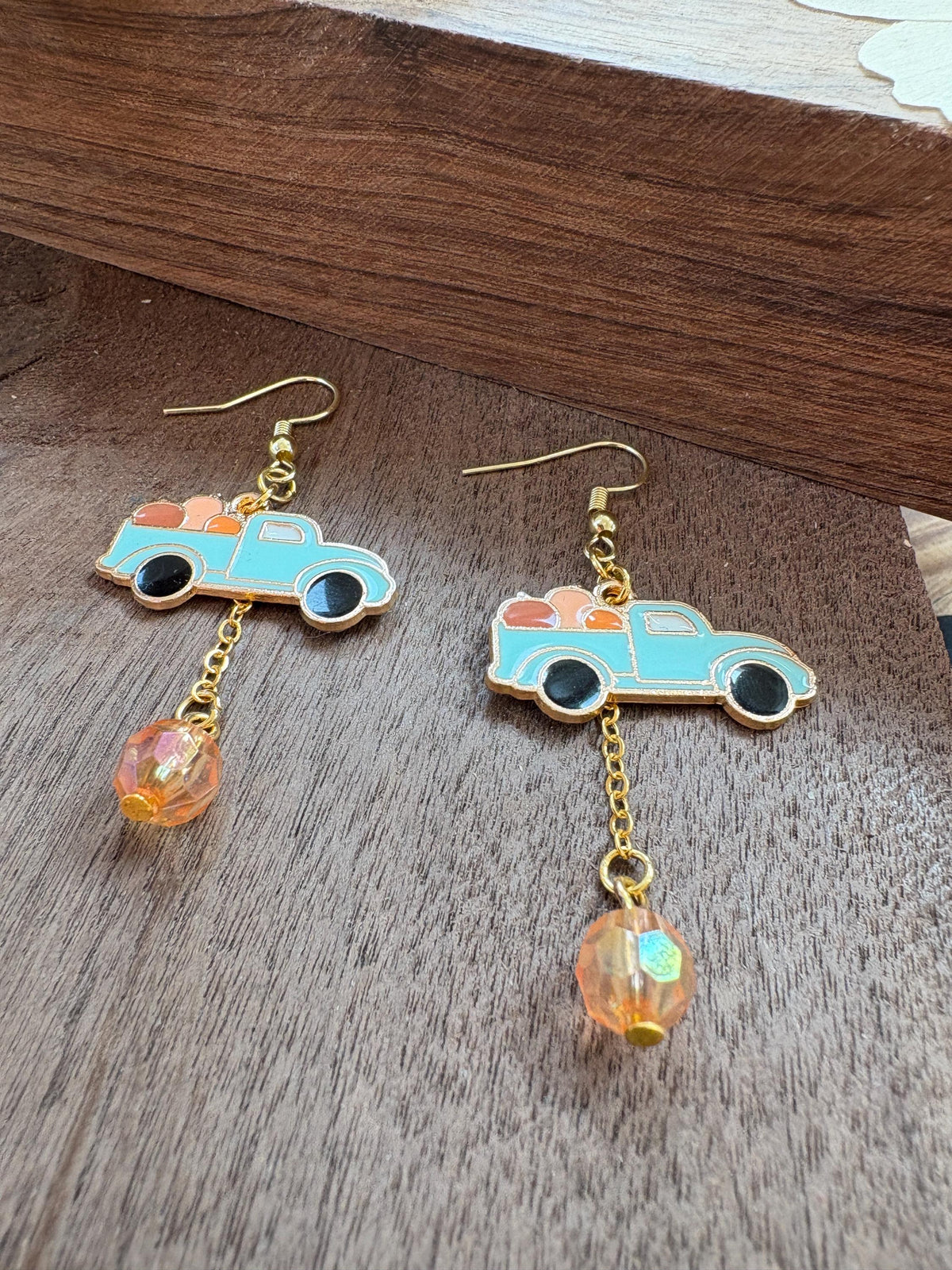 Blue Truck Pumpkin Earrings, Fall Dangle Earrings, Autumn Jewelry, Vintage Pickup Truck Earrings, Pumpkin Patch Gift