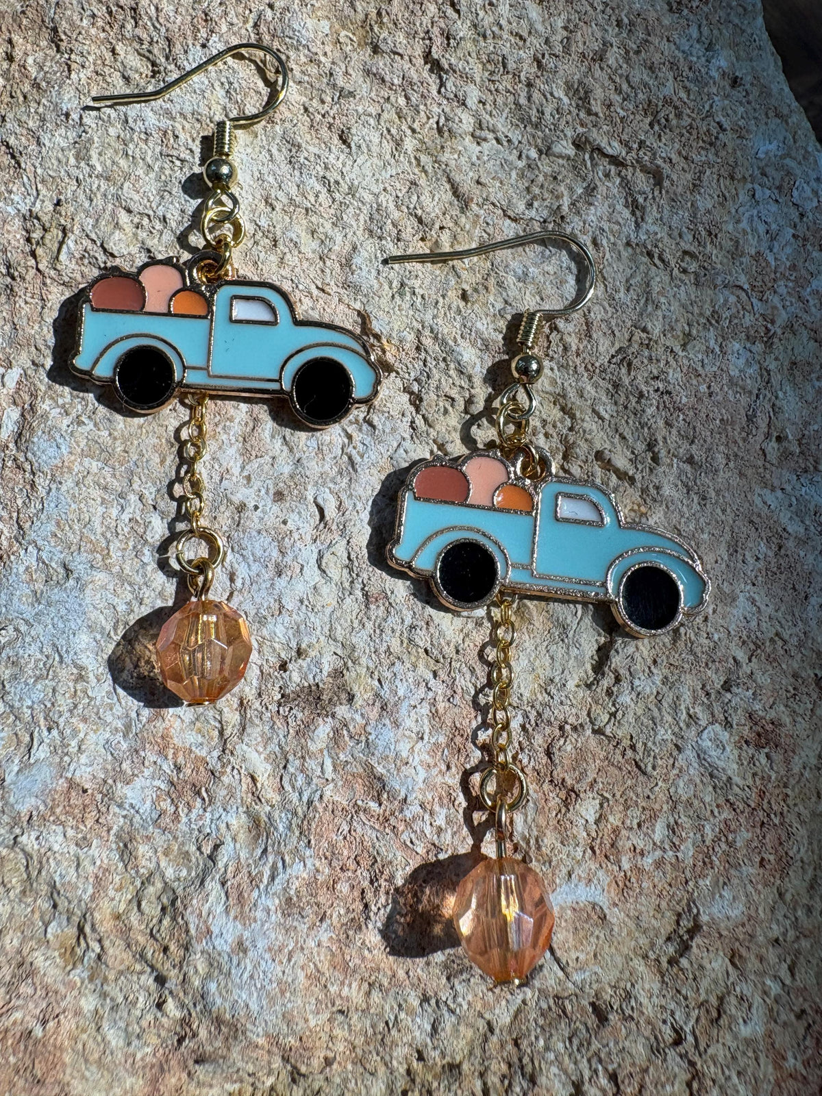 Blue Truck Pumpkin Earrings, Fall Dangle Earrings, Autumn Jewelry, Vintage Pickup Truck Earrings, Pumpkin Patch Gift