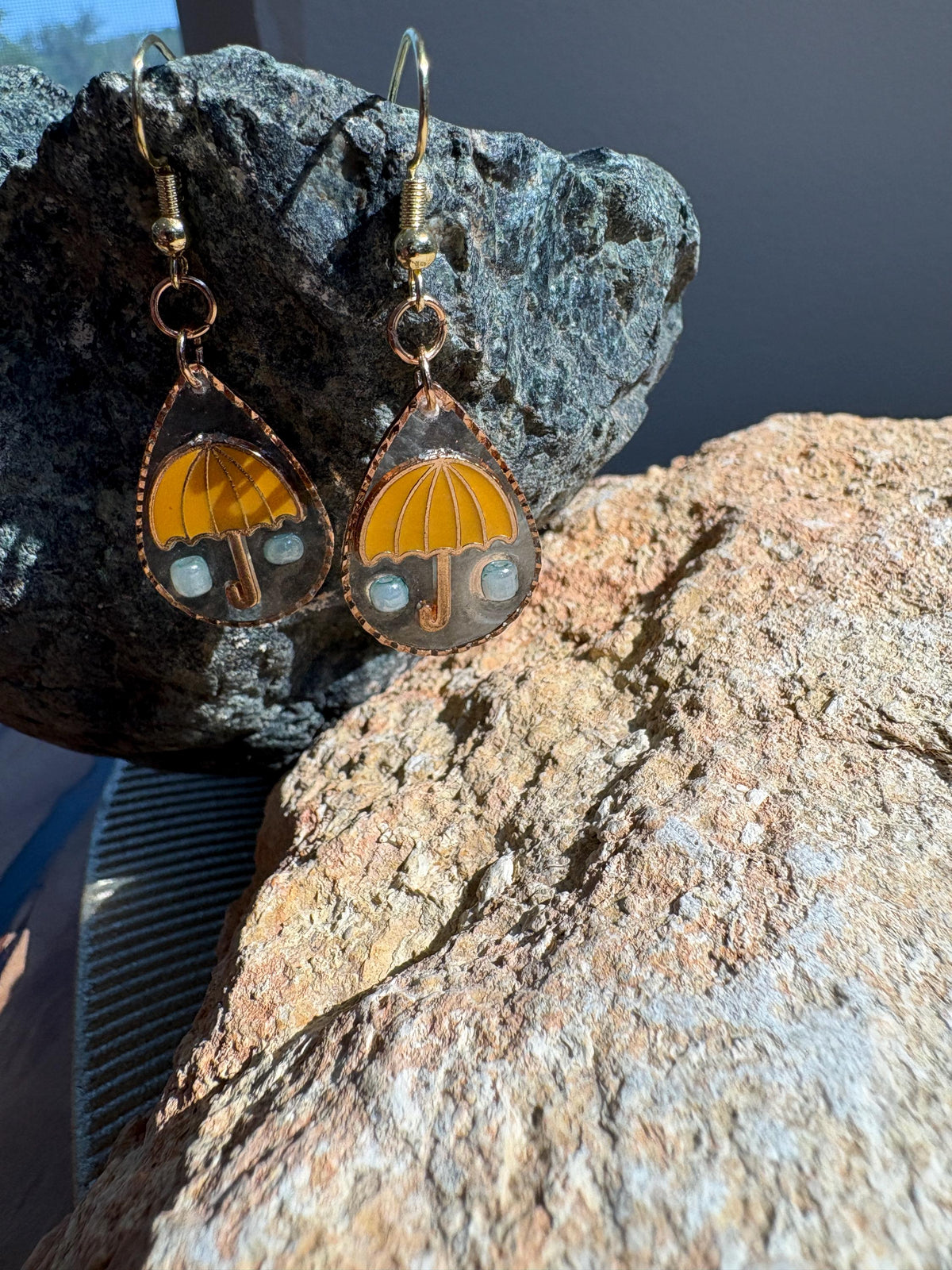 Yellow Umbrella Rain Earrings, Rainy Day Dangle Earrings, Blue Raindrop Resin Jewelry, Whimsical Spring Earrings