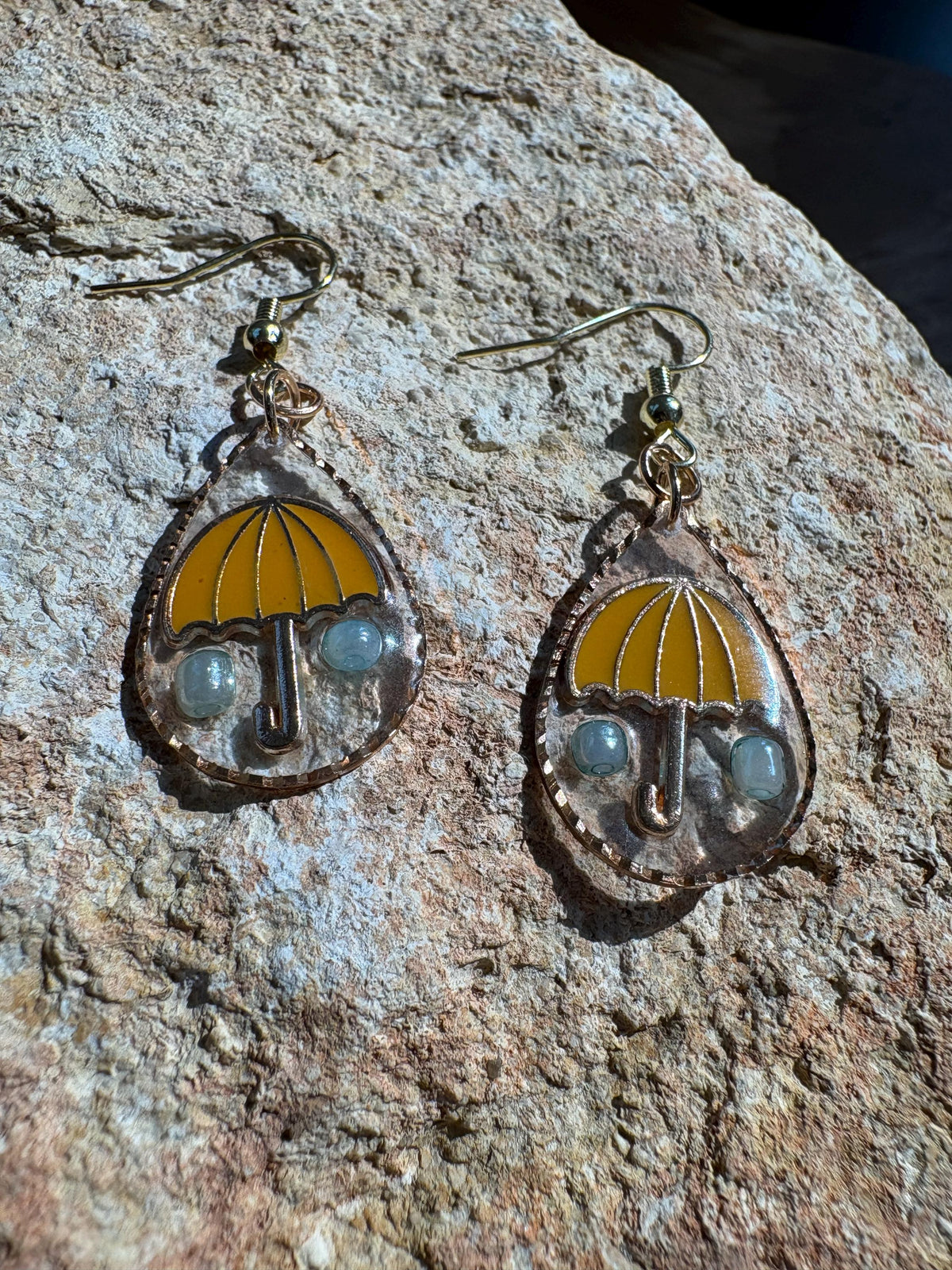 Yellow Umbrella Rain Earrings, Rainy Day Dangle Earrings, Blue Raindrop Resin Jewelry, Whimsical Spring Earrings