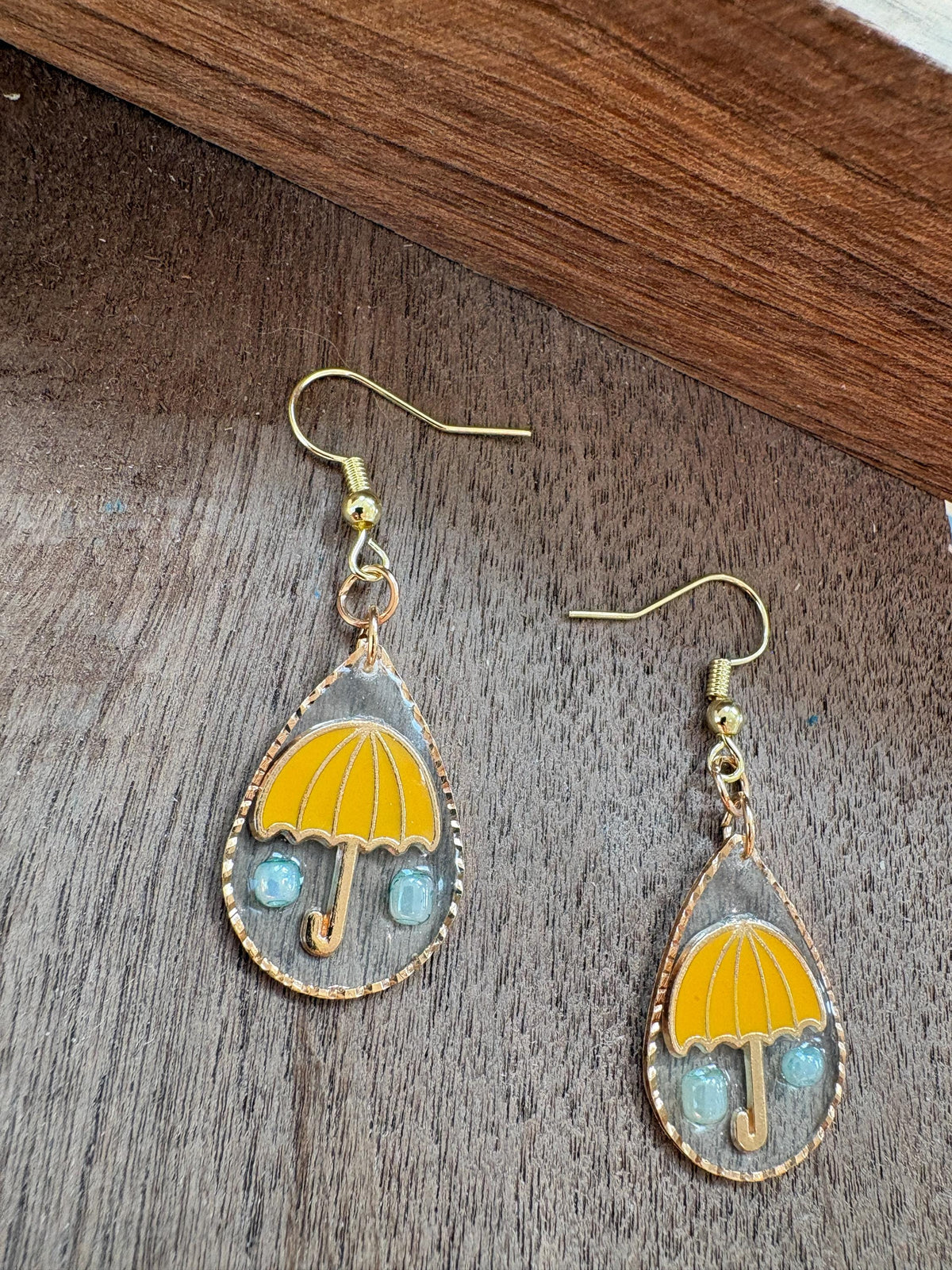 Yellow Umbrella Rain Earrings, Rainy Day Dangle Earrings, Blue Raindrop Resin Jewelry, Whimsical Spring Earrings