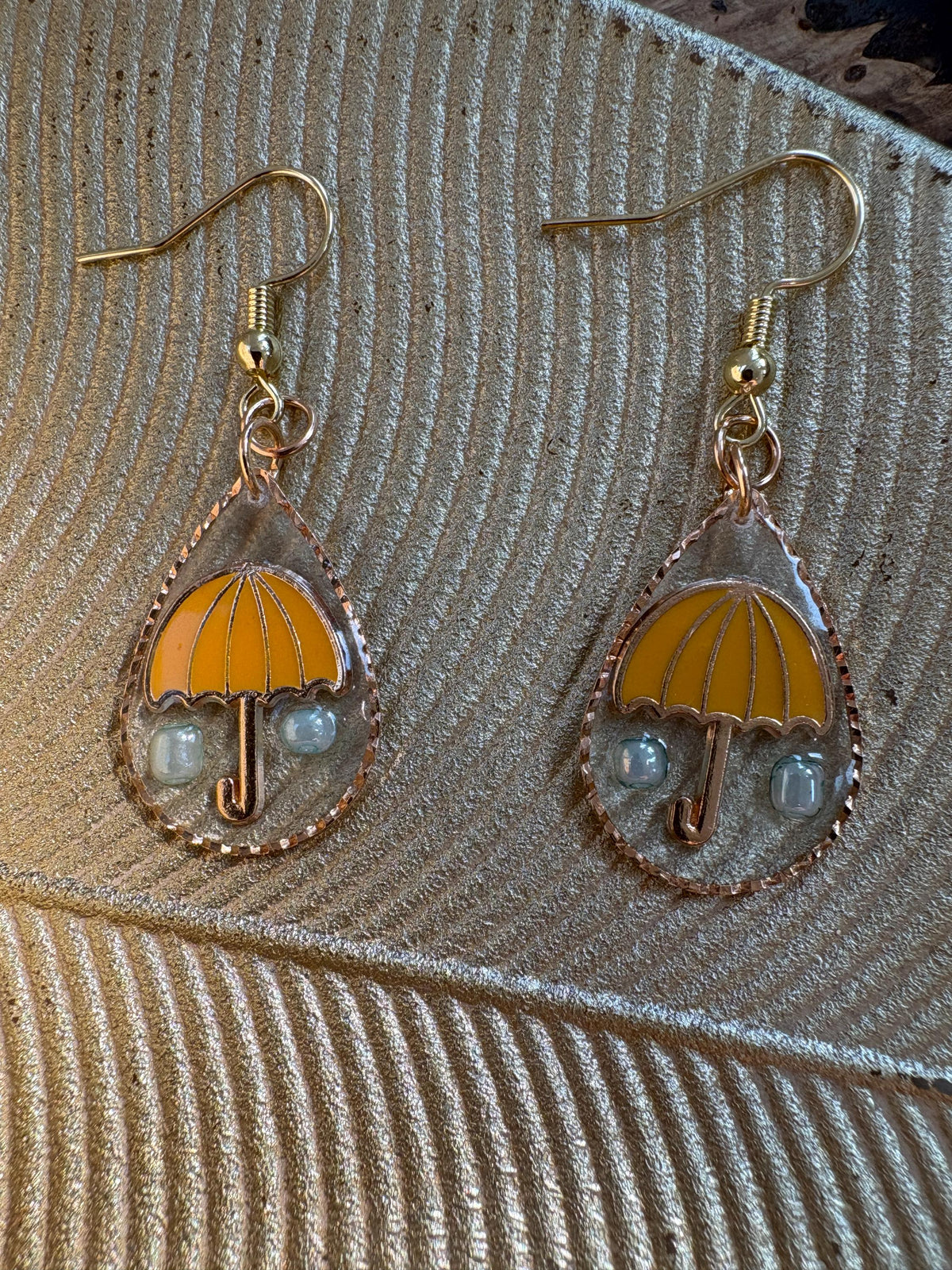 Yellow Umbrella Rain Earrings, Rainy Day Dangle Earrings, Blue Raindrop Resin Jewelry, Whimsical Spring Earrings