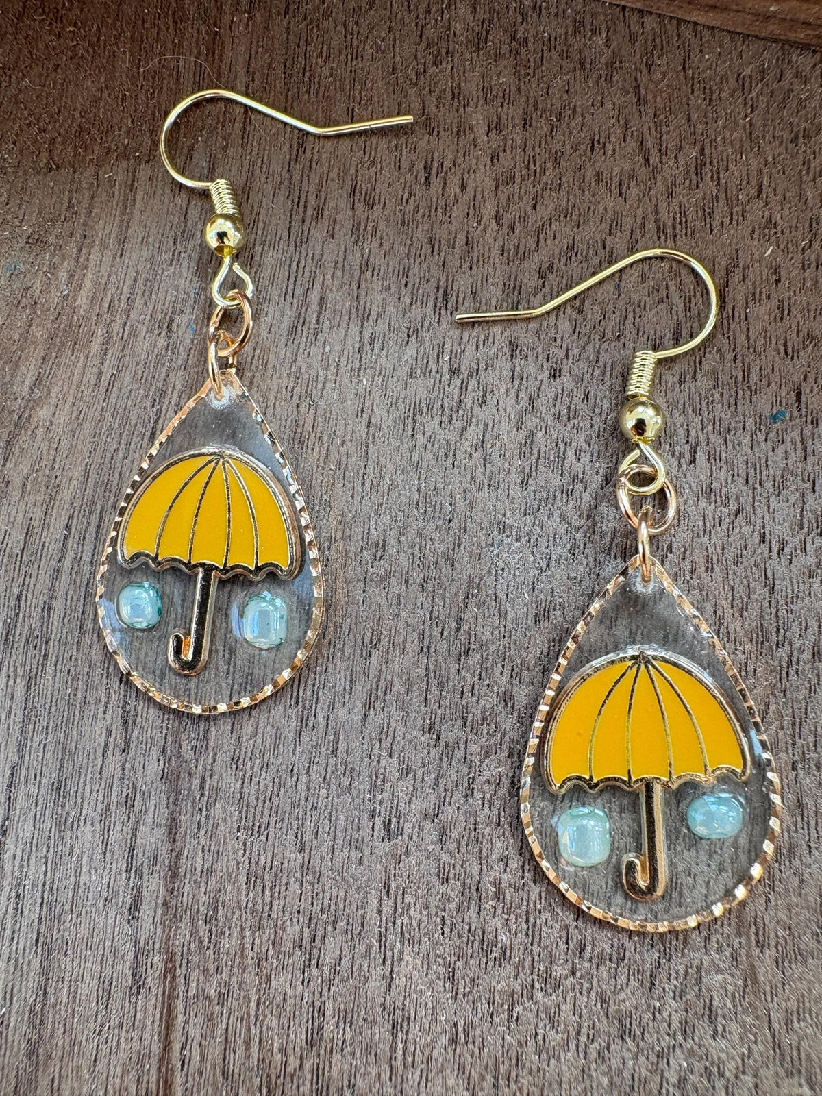 Yellow Umbrella Rain Earrings, Rainy Day Dangle Earrings, Blue Raindrop Resin Jewelry, Whimsical Spring Earrings