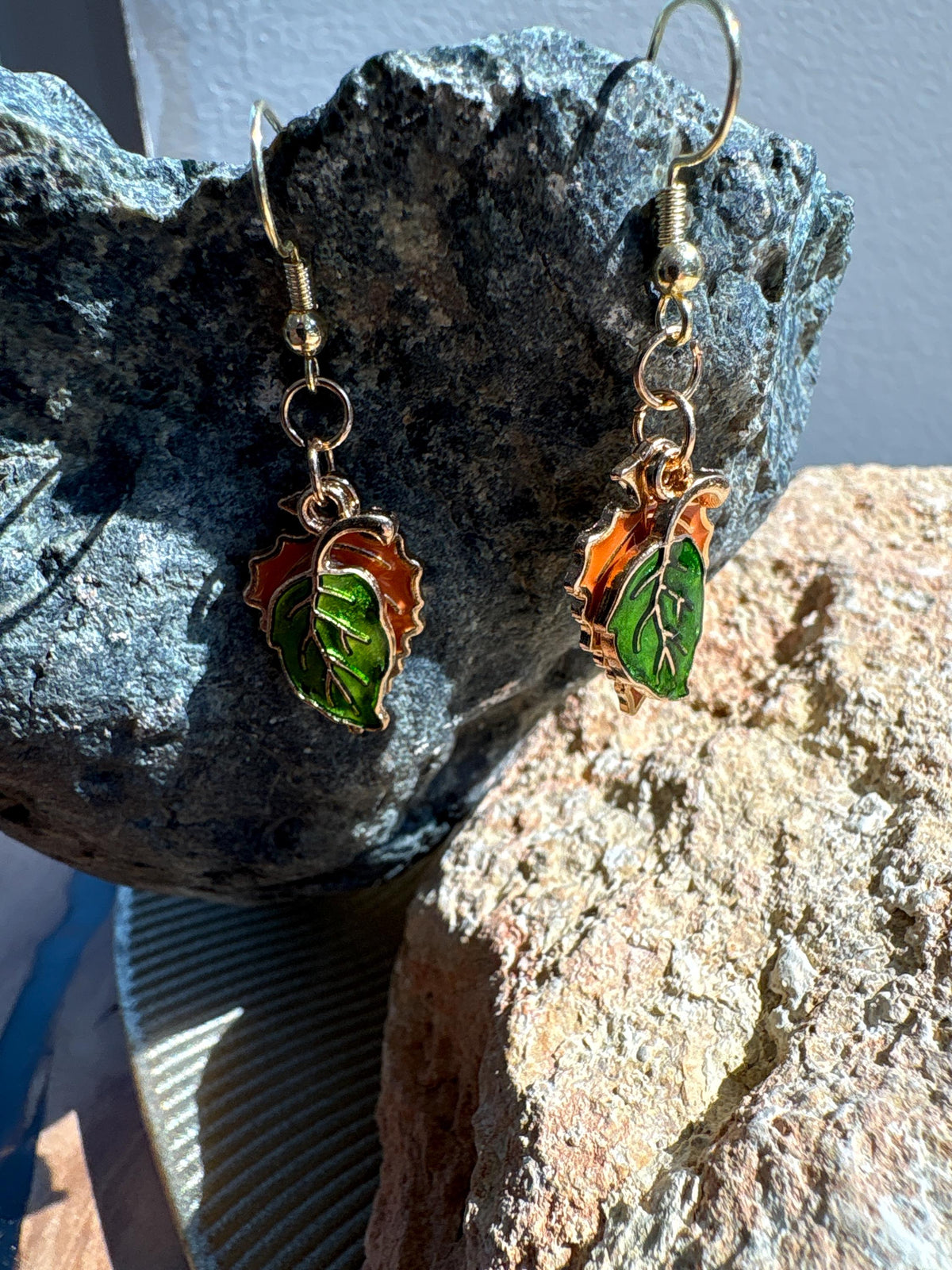 Fall Leaf Earrings, Orange Green Leaf Dangle Earrings, Autumn Jewelry, Thanksgiving Earrings, Nature Lover Gift for Her