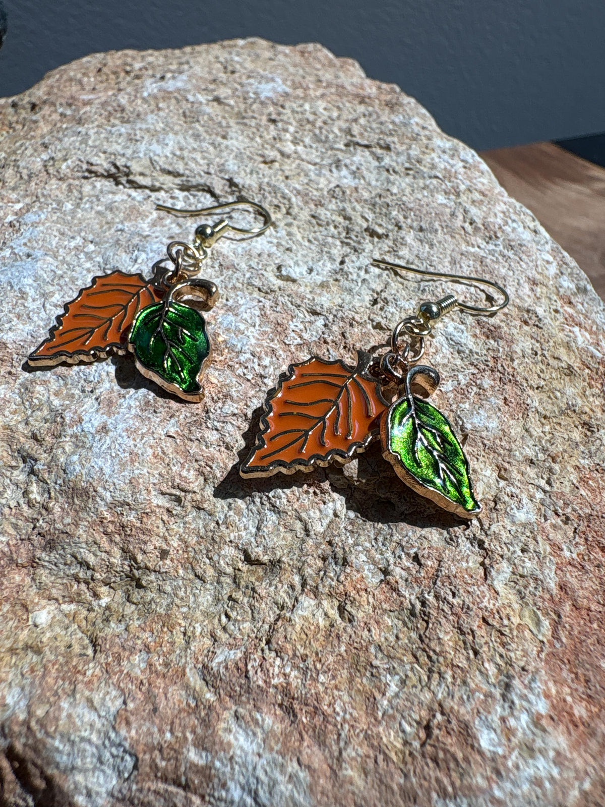 Fall Leaf Earrings, Orange Green Leaf Dangle Earrings, Autumn Jewelry, Thanksgiving Earrings, Nature Lover Gift for Her