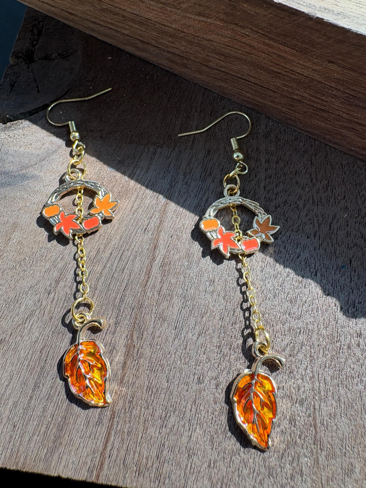 Fall Wreath Earrings, Autumn Leaf Dangle Earrings, Orange Amber Leaf Jewelry, Thanksgiving Earrings, Fall Gift for Her