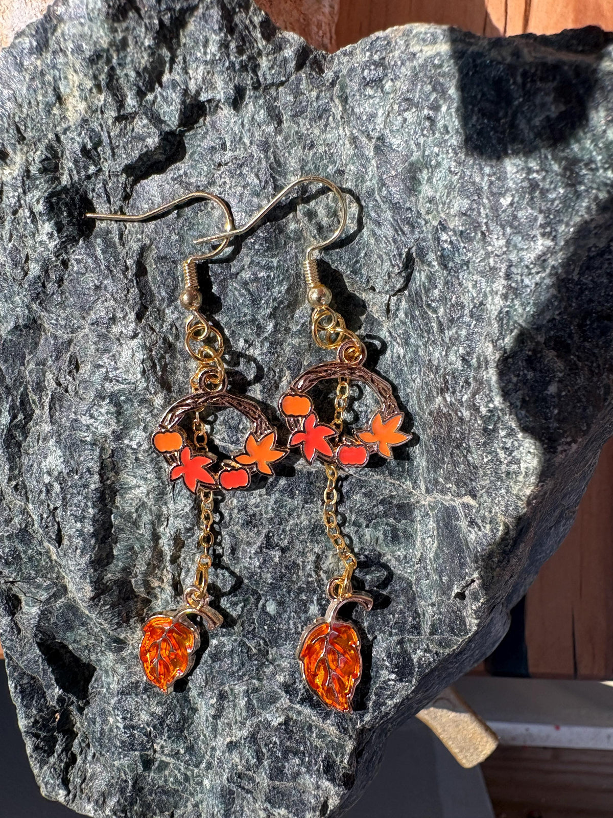 Fall Wreath Earrings, Autumn Leaf Dangle Earrings, Orange Amber Leaf Jewelry, Thanksgiving Earrings, Fall Gift for Her