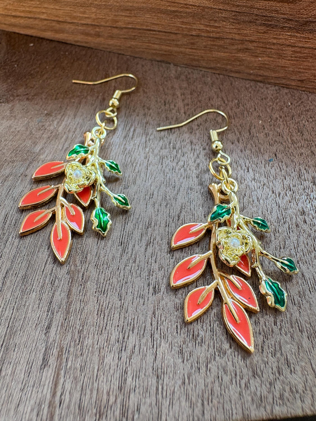 Leaf Earrings, Fall Dangle Earrings, Orange and Green Autumn Jewelry, Thanksgiving Earrings, Fall Gift for Her
