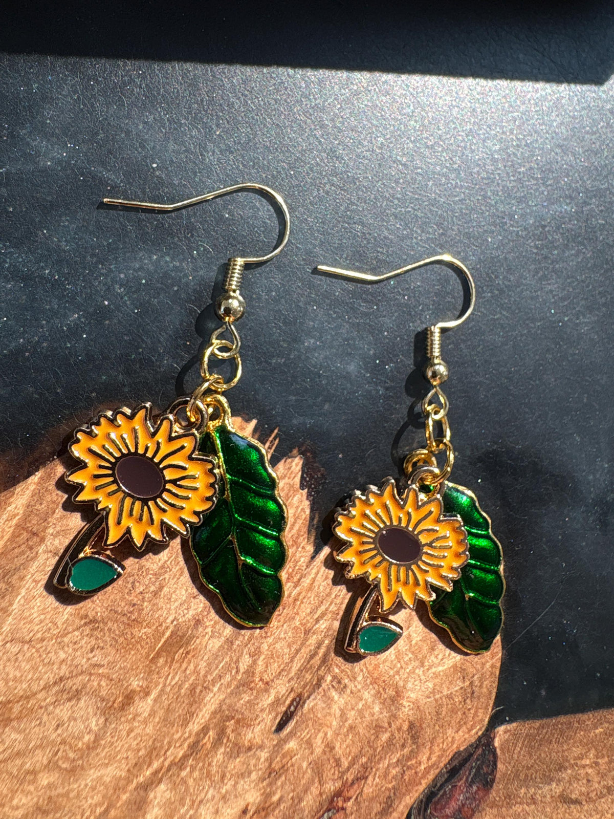 Sunflower Earrings, Green Leaf Dangle Earrings, Botanical Floral Jewelry, Nature Earrings, Garden Lover Gift for Her