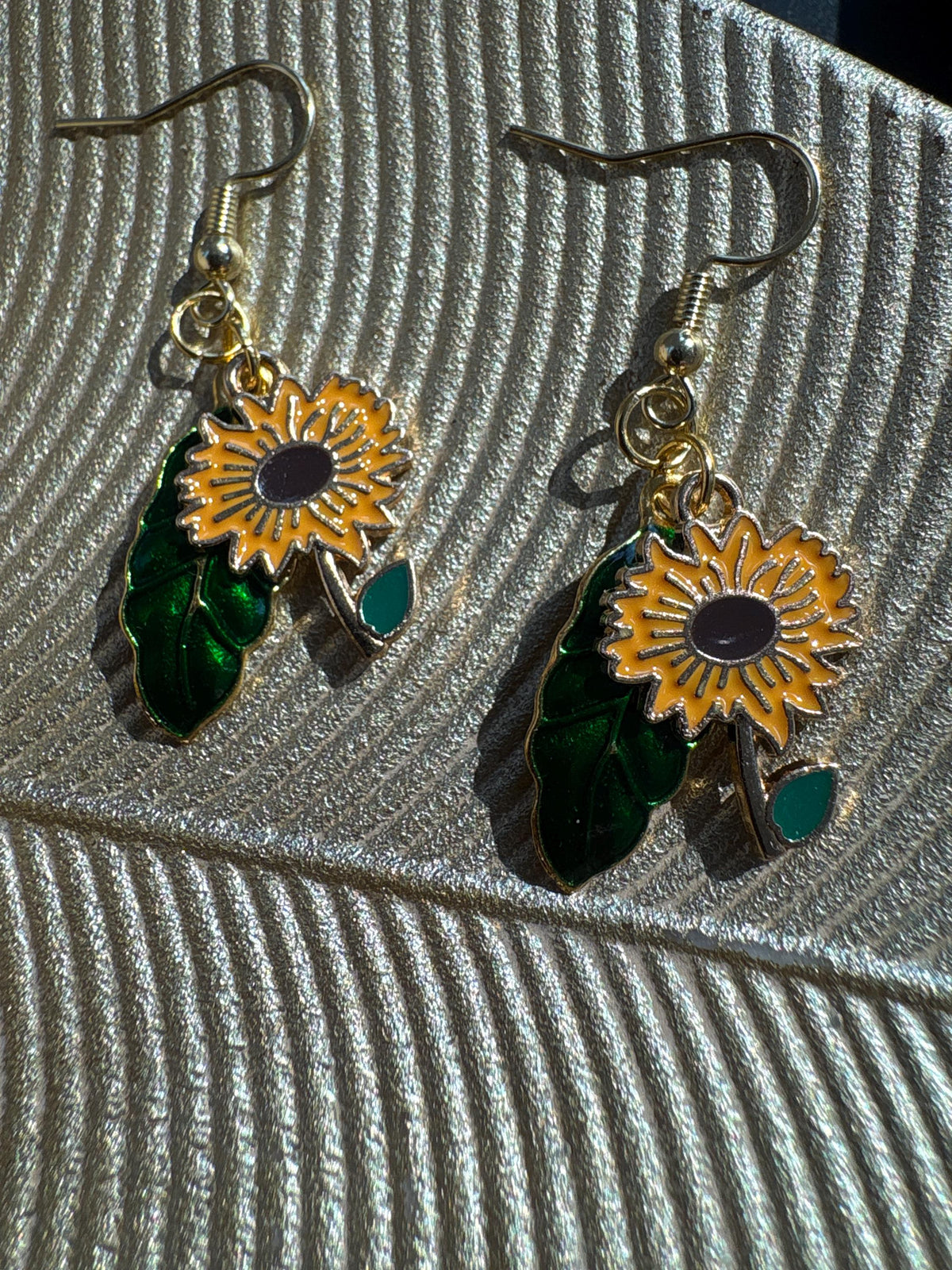 Sunflower Earrings, Green Leaf Dangle Earrings, Botanical Floral Jewelry, Nature Earrings, Garden Lover Gift for Her