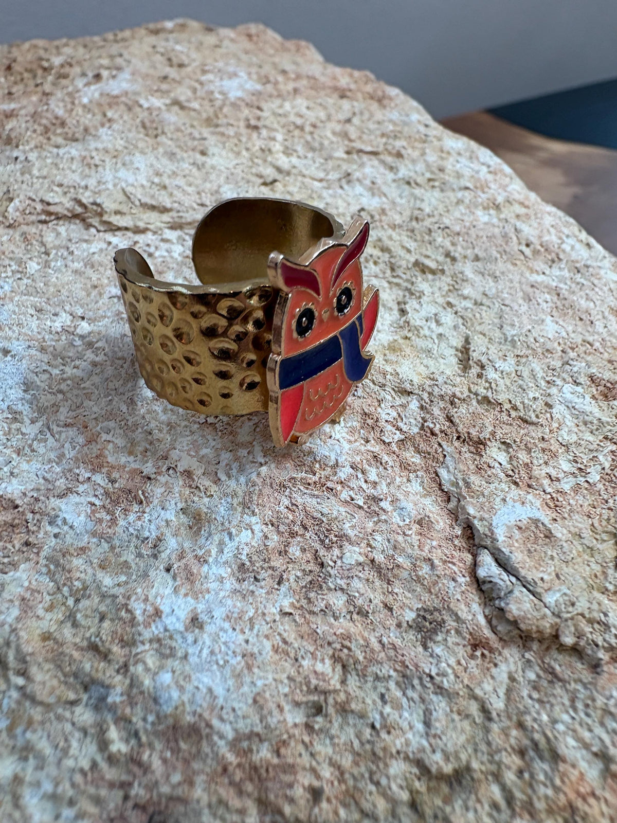 Owl Ring, Adjustable Gold Plated Ring, Hammered Open Band Ring, Colorful Owl Jewelry, Boho Nature Gift for Her