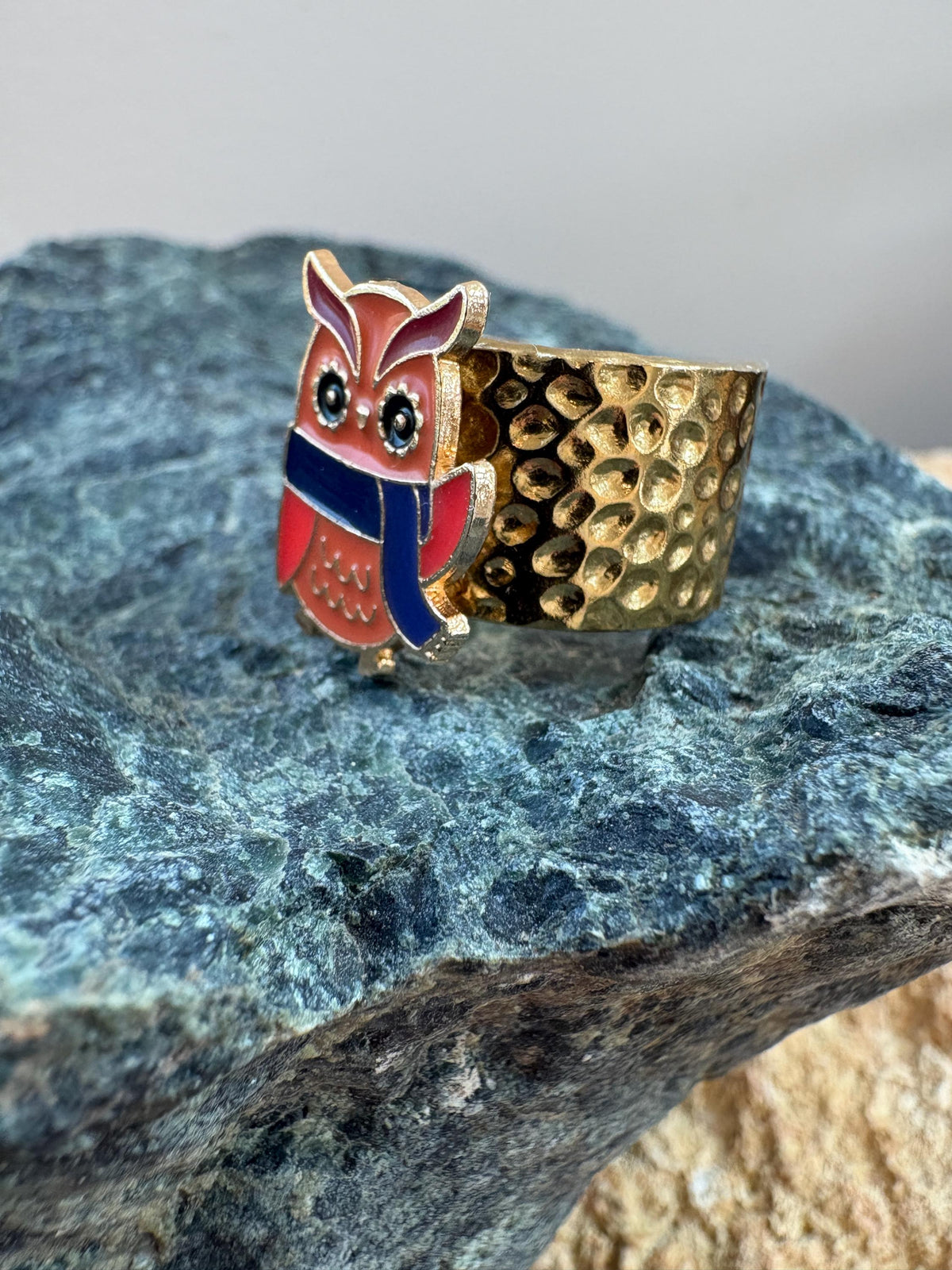 Owl Ring, Adjustable Gold Plated Ring, Hammered Open Band Ring, Colorful Owl Jewelry, Boho Nature Gift for Her
