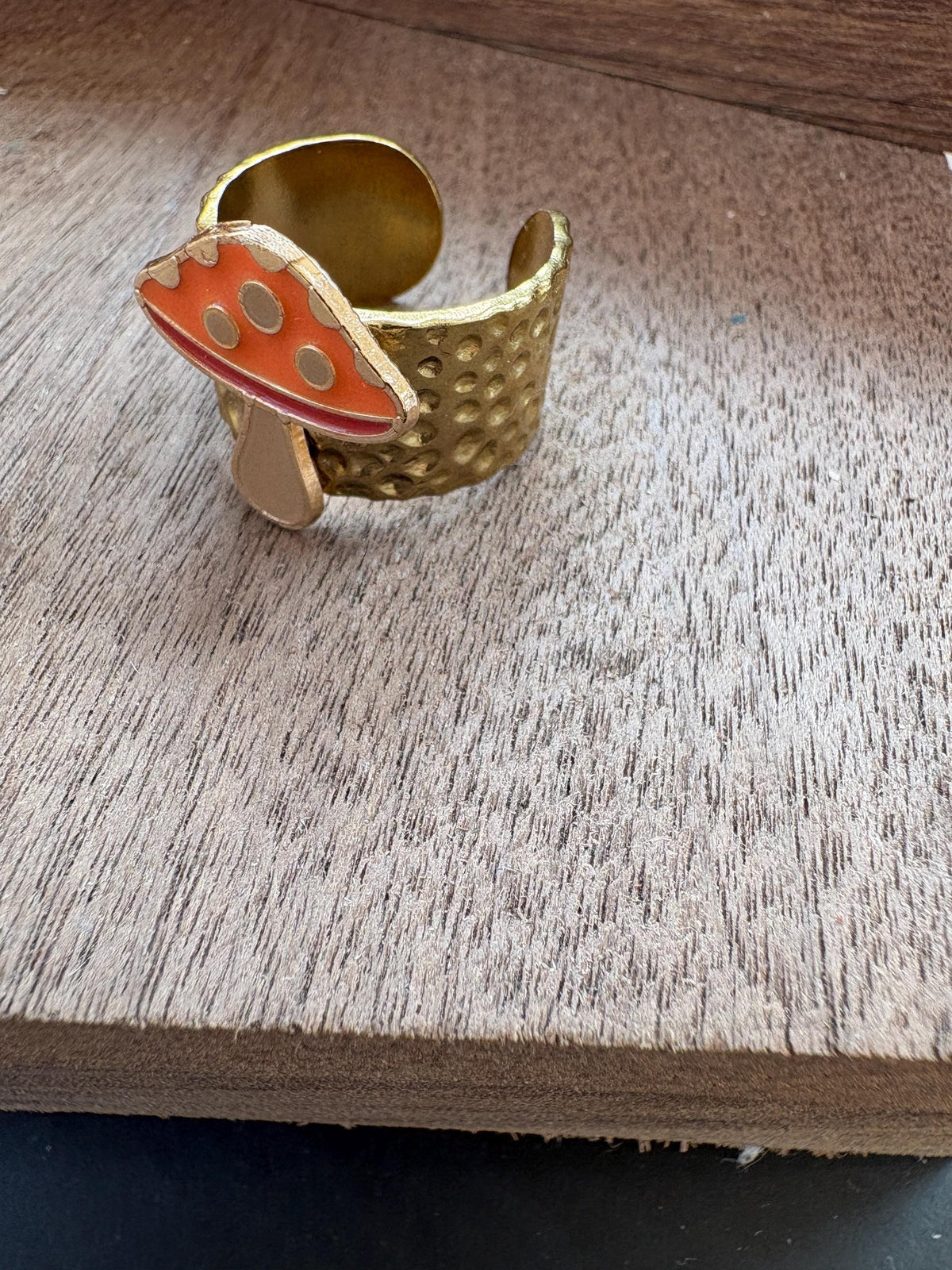 Mushroom Ring, Adjustable Gold Plated Ring, Hammered Open Band Ring, Orange Mushroom Jewelry, Cottagecore Gift for Her