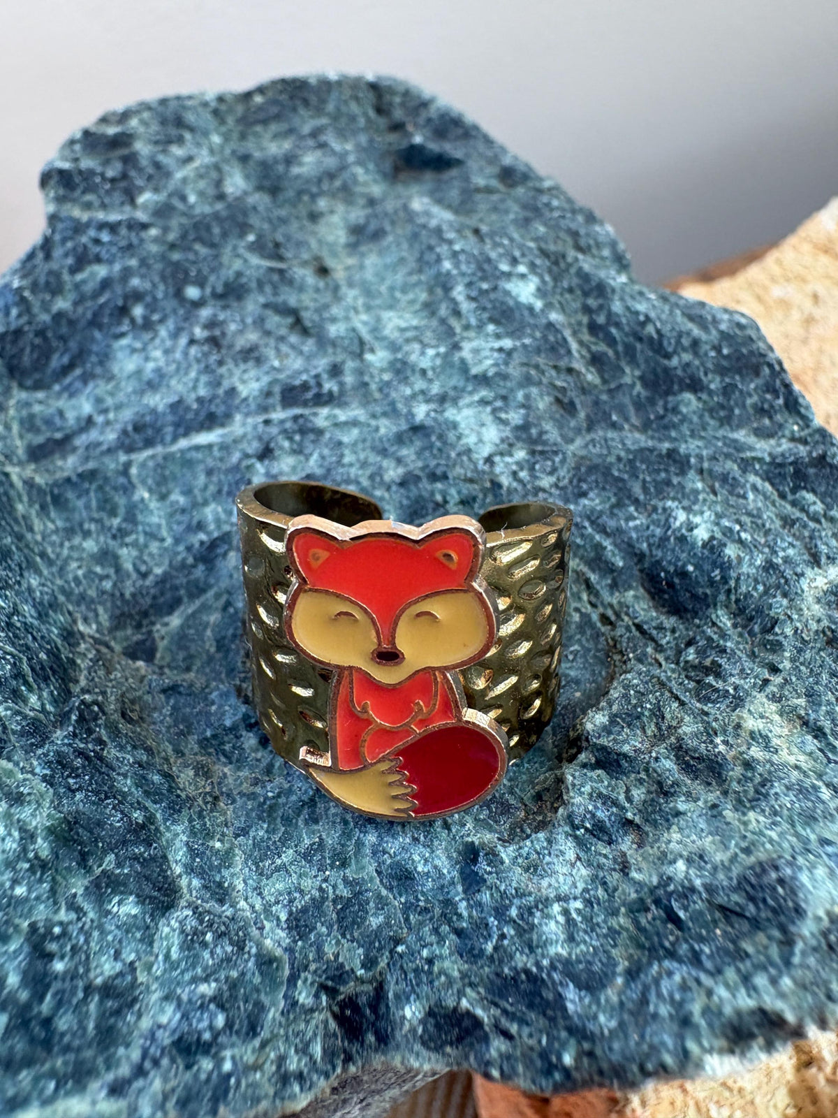 Fox Ring, Adjustable Gold Plated Ring, Hammered Open Band Ring, Woodland Fox Jewelry, Cottagecore Animal Gift for Her