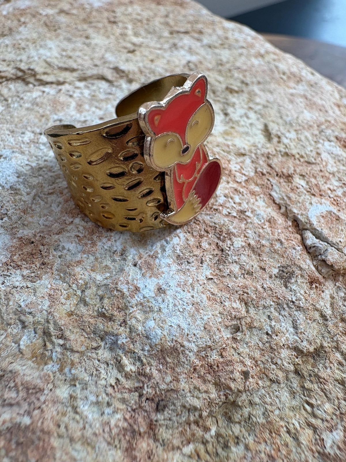 Fox Ring, Adjustable Gold Plated Ring, Hammered Open Band Ring, Woodland Fox Jewelry, Cottagecore Animal Gift for Her