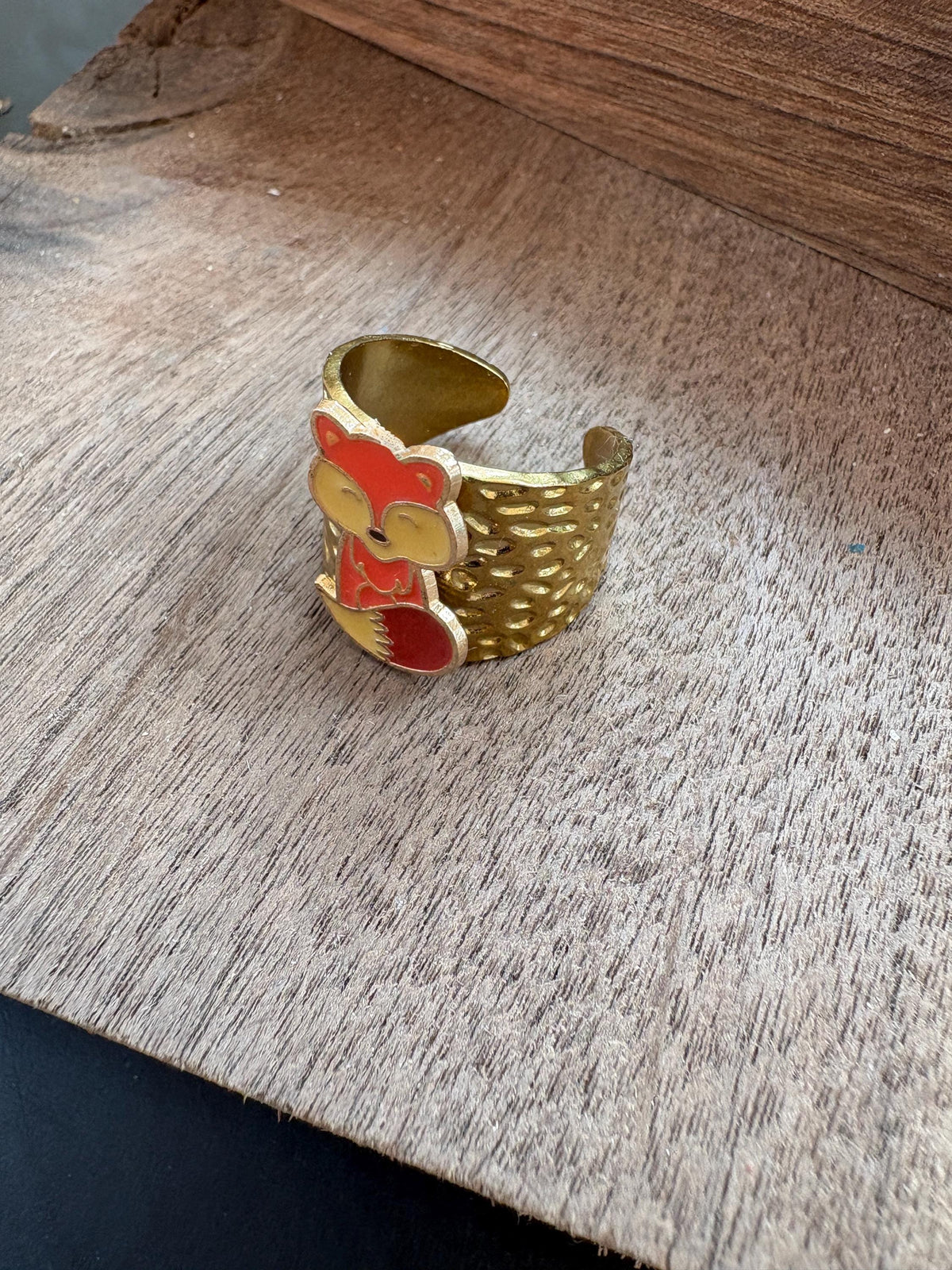 Fox Ring, Adjustable Gold Plated Ring, Hammered Open Band Ring, Woodland Fox Jewelry, Cottagecore Animal Gift for Her