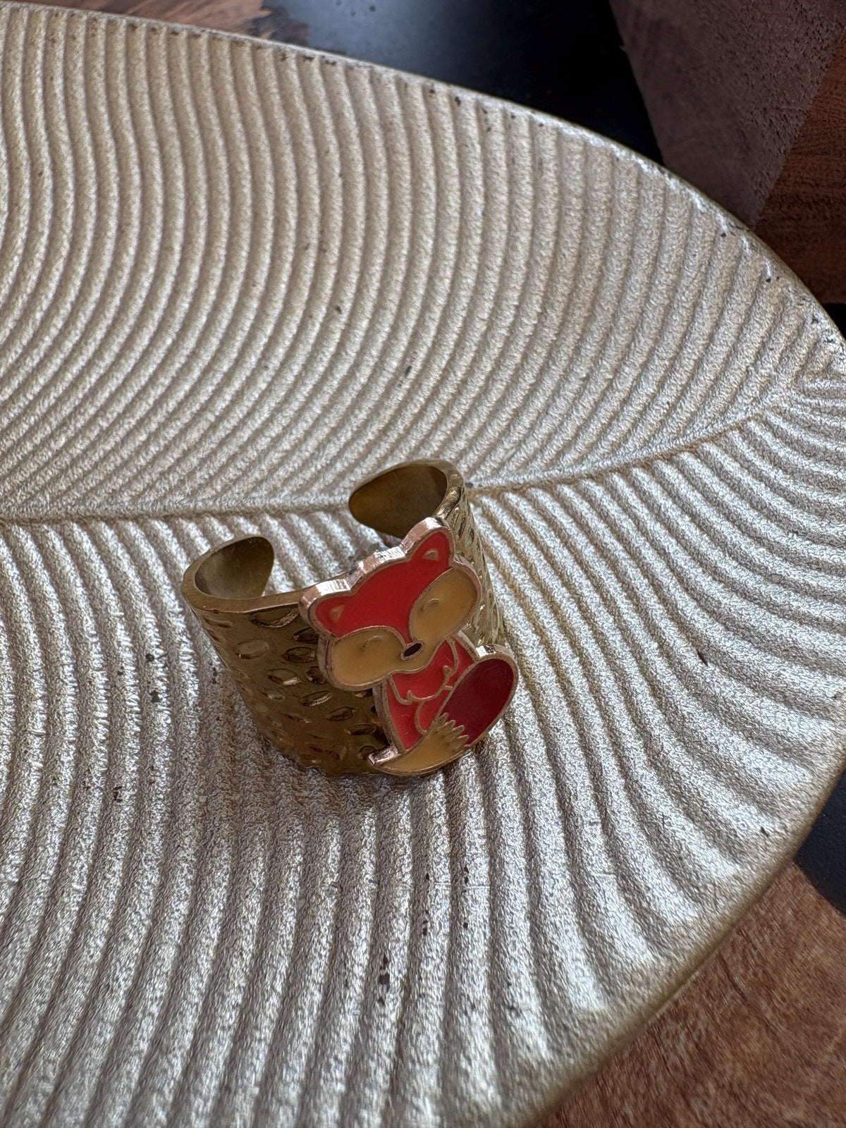 Fox Ring, Adjustable Gold Plated Ring, Hammered Open Band Ring, Woodland Fox Jewelry, Cottagecore Animal Gift for Her