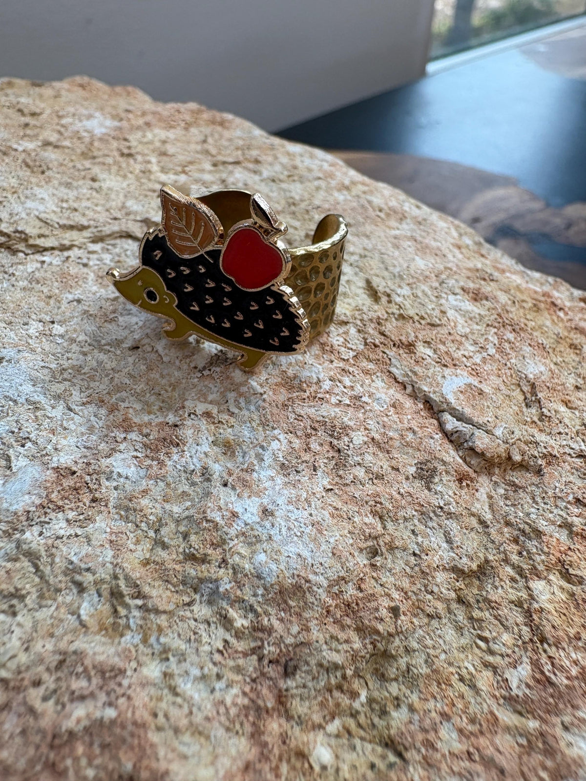 Hedgehog Ring, Adjustable Gold Plated Ring, Apple Woodland Jewelry, Hammered Open Band Ring, Cottagecore Gift for Her