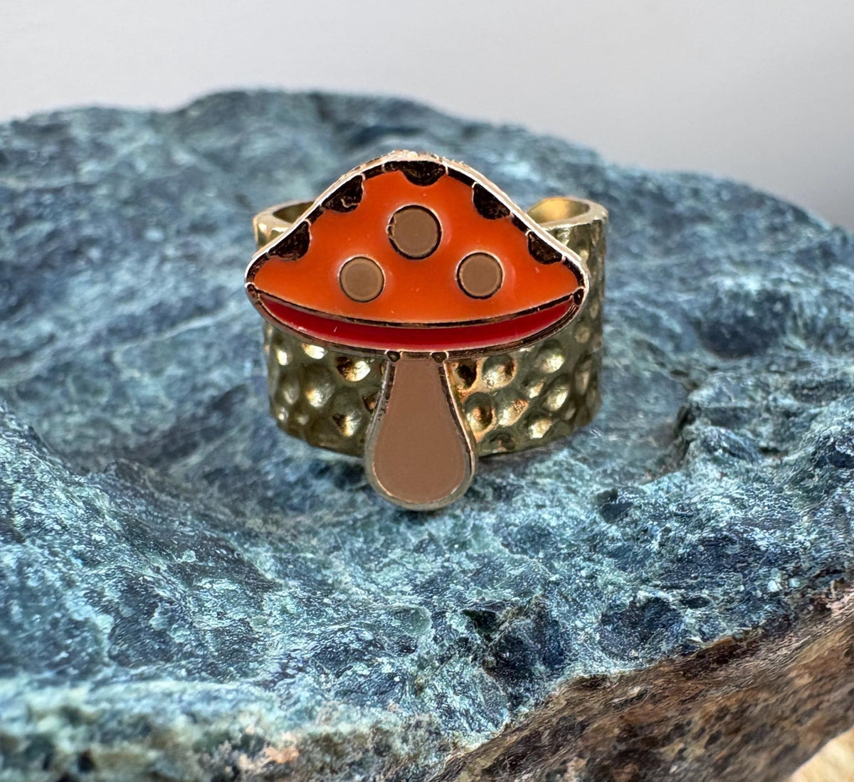 Mushroom Ring, Adjustable Gold Plated Ring, Hammered Open Band Ring, Orange Mushroom Jewelry, Cottagecore Gift for Her