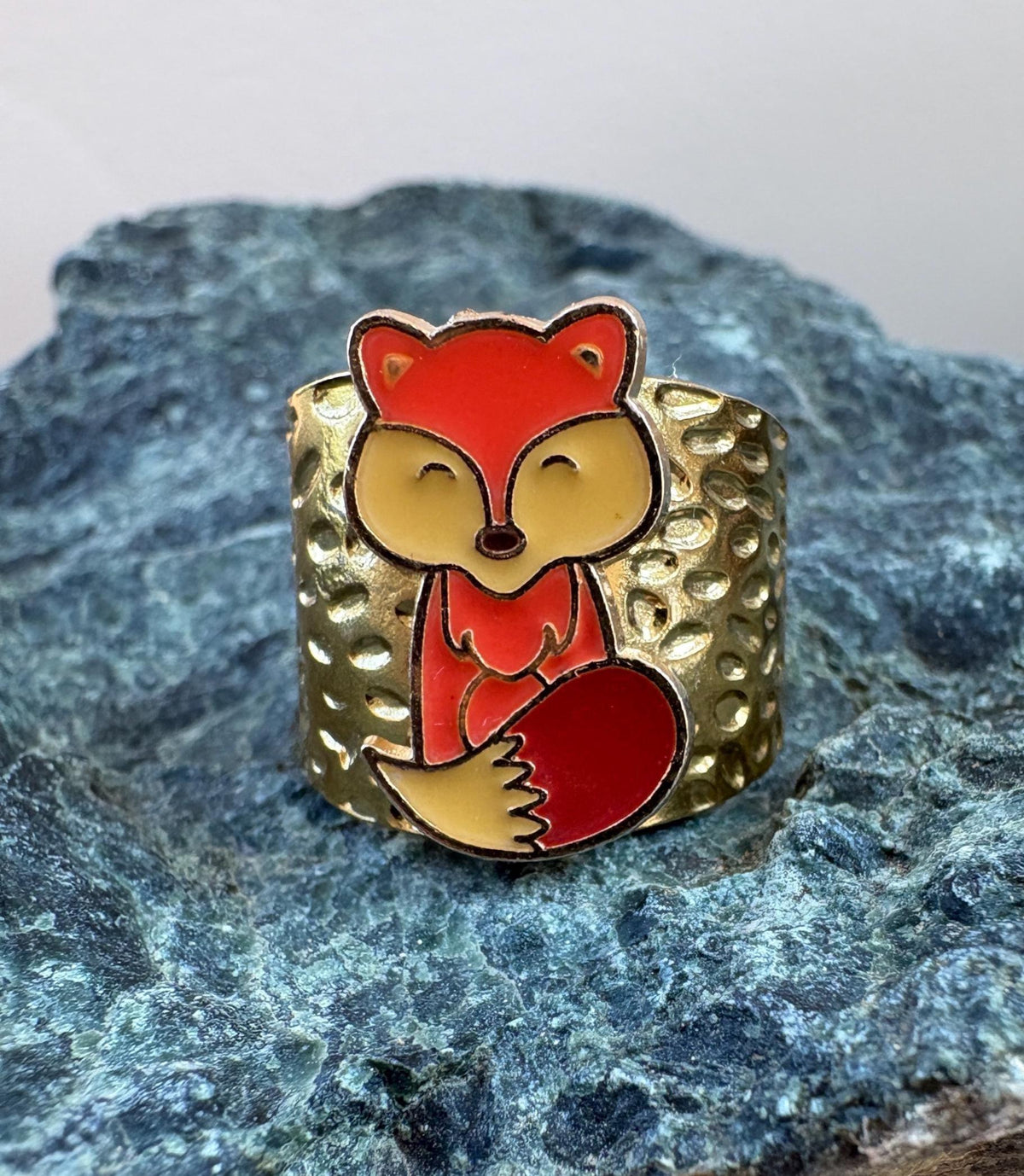 Fox Ring, Adjustable Gold Plated Ring, Hammered Open Band Ring, Woodland Fox Jewelry, Cottagecore Animal Gift for Her