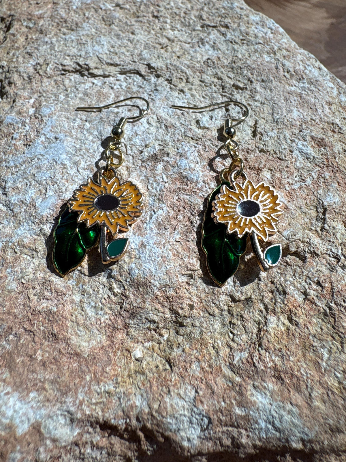 Sunflower Earrings, Green Leaf Dangle Earrings, Botanical Floral Jewelry, Nature Earrings, Garden Lover Gift for Her