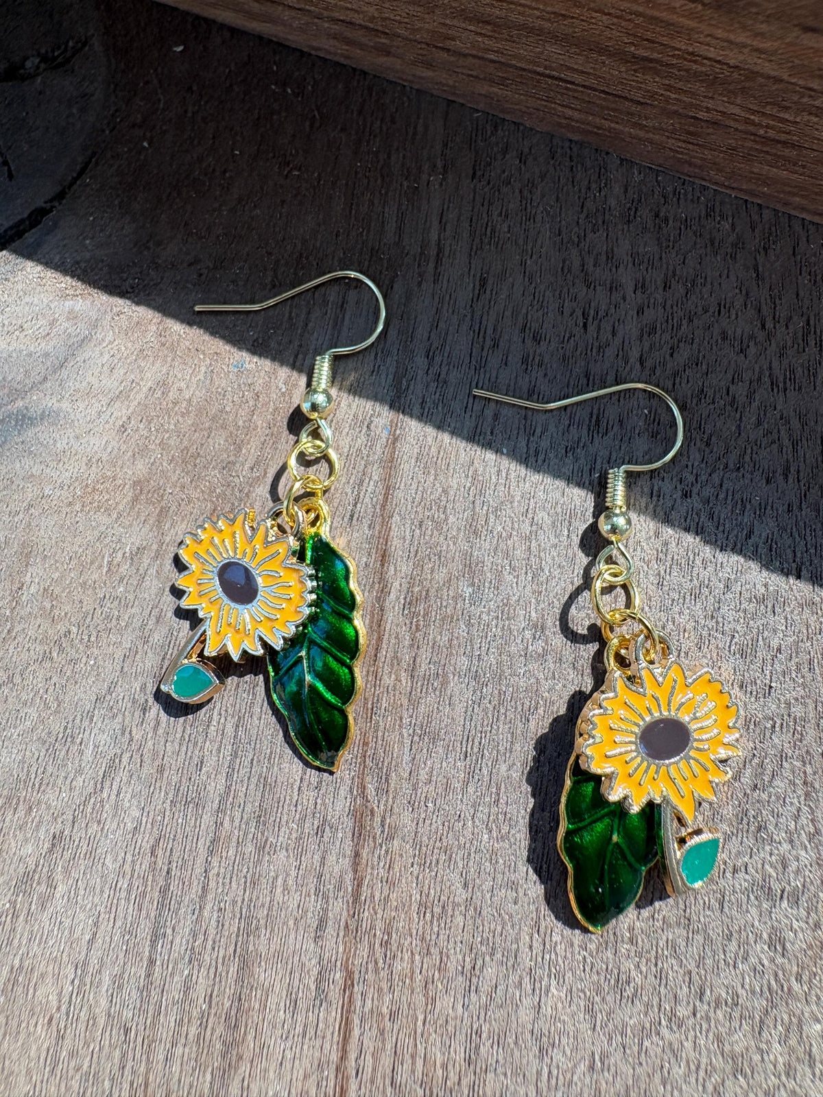 Sunflower Earrings, Green Leaf Dangle Earrings, Botanical Floral Jewelry, Nature Earrings, Garden Lover Gift for Her