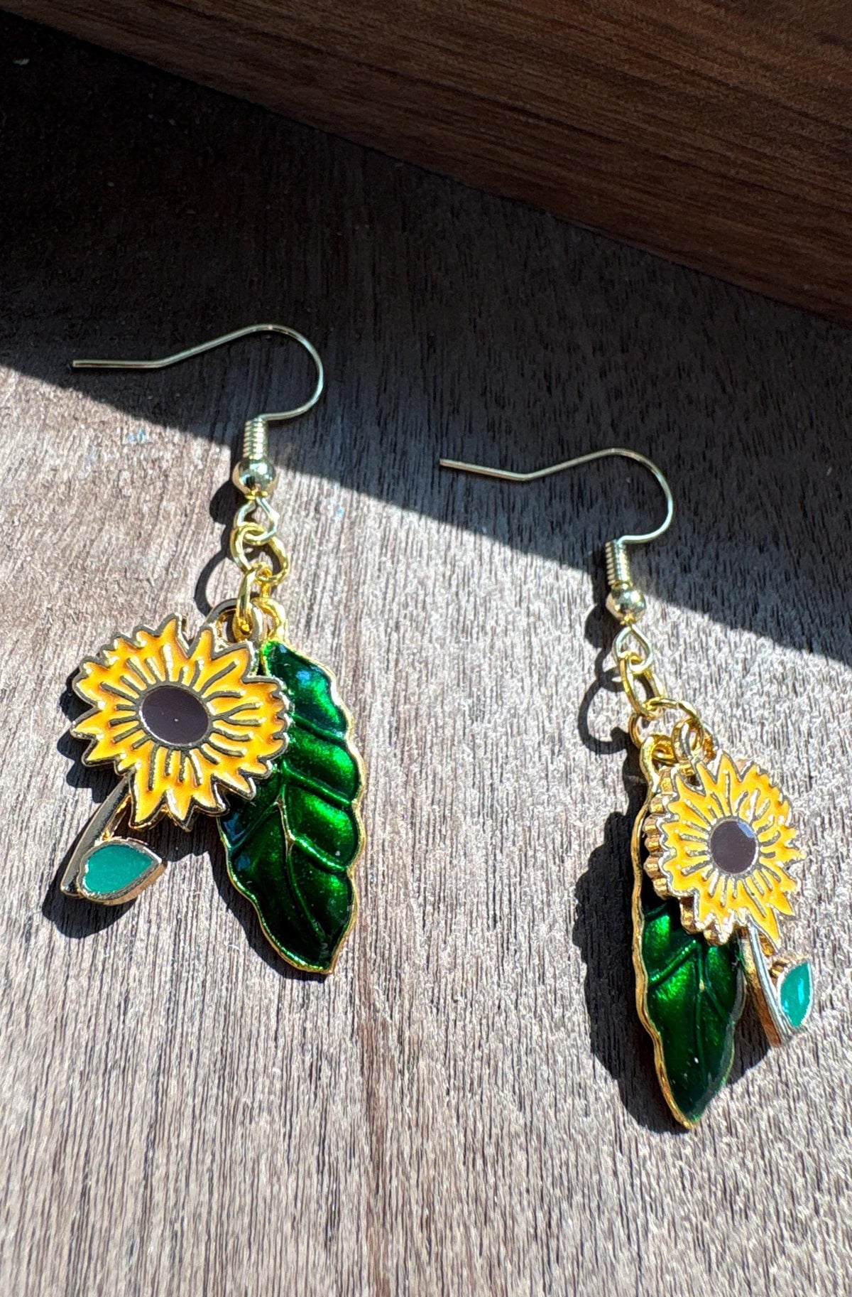 Sunflower Earrings, Green Leaf Dangle Earrings, Botanical Floral Jewelry, Nature Earrings, Garden Lover Gift for Her
