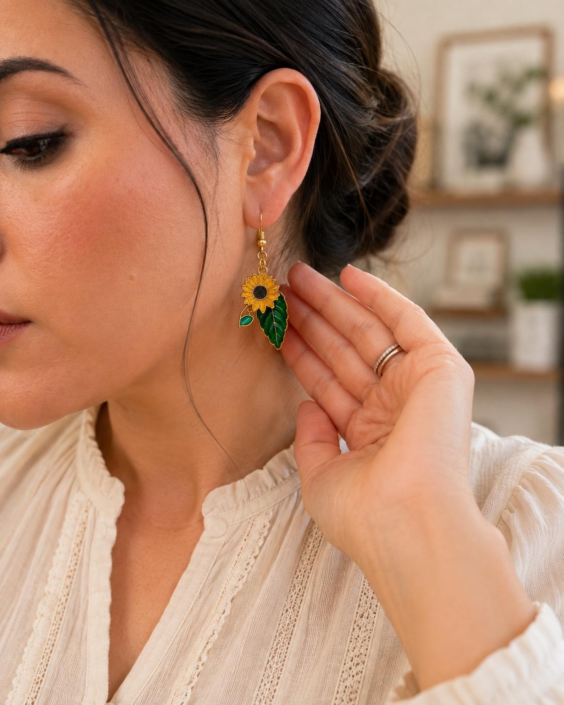 Sunflower Earrings, Green Leaf Dangle Earrings, Botanical Floral Jewelry, Nature Earrings, Garden Lover Gift for Her