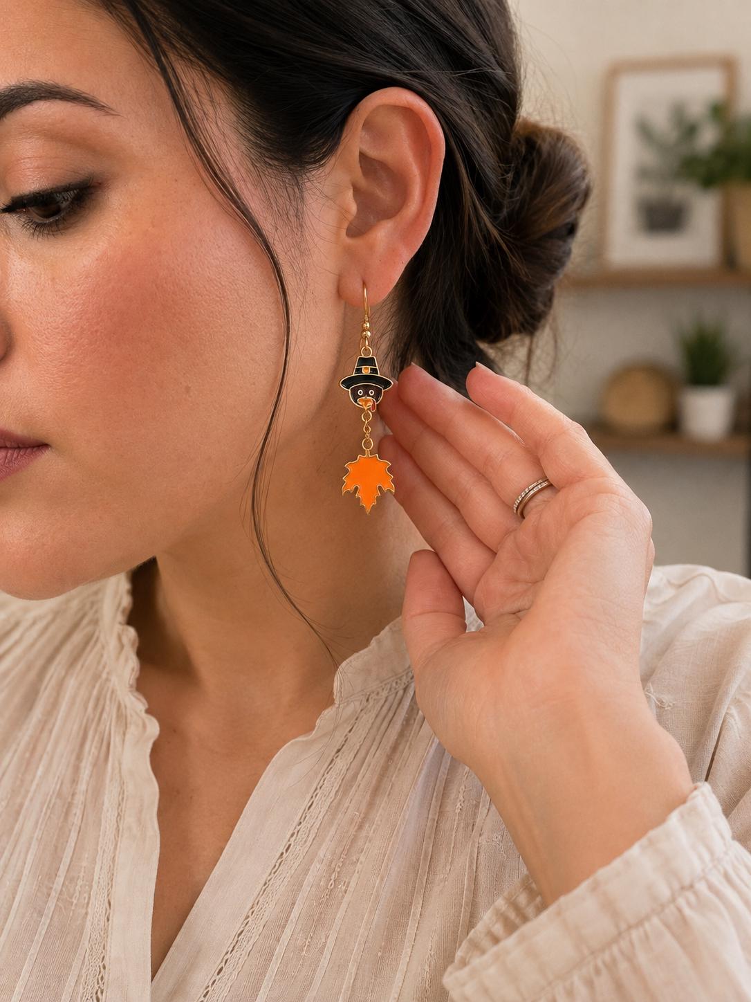 Turkey Maple Leaf Earrings, Fall Dangle Earrings, Thanksgiving Jewelry, Autumn Earrings, Fall Gift for Her