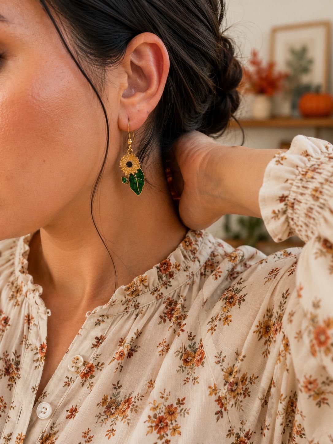 Sunflower Earrings, Green Leaf Dangle Earrings, Botanical Floral Jewelry, Nature Earrings, Garden Lover Gift for Her