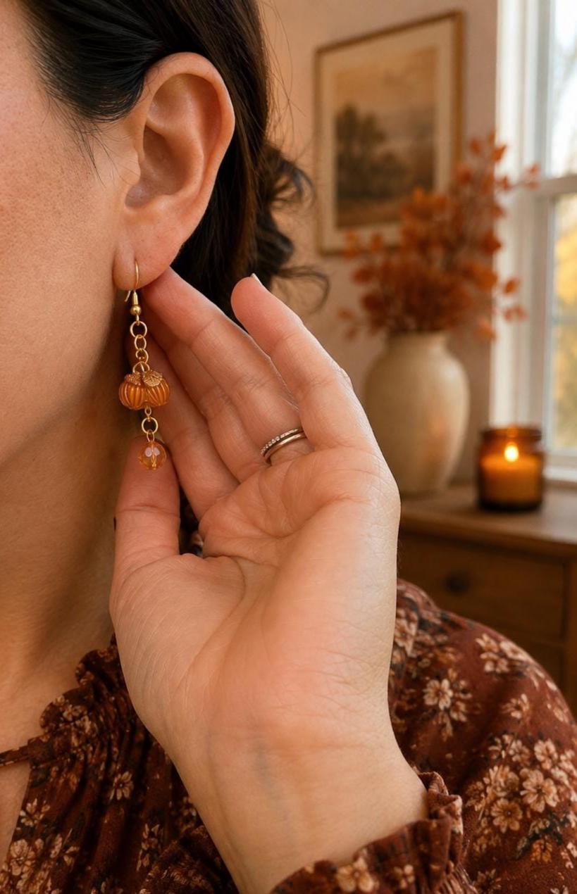 Acorn Earrings, Fall Dangle Earrings, Orange Beaded Autumn Jewelry, Thanksgiving Earrings, Fall Gift for Her