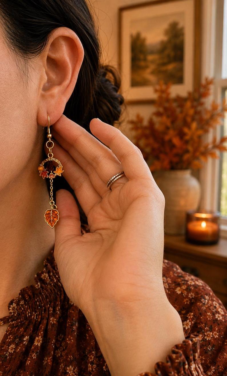 Fall Wreath Earrings, Autumn Leaf Dangle Earrings, Orange Amber Leaf Jewelry, Thanksgiving Earrings, Fall Gift for Her