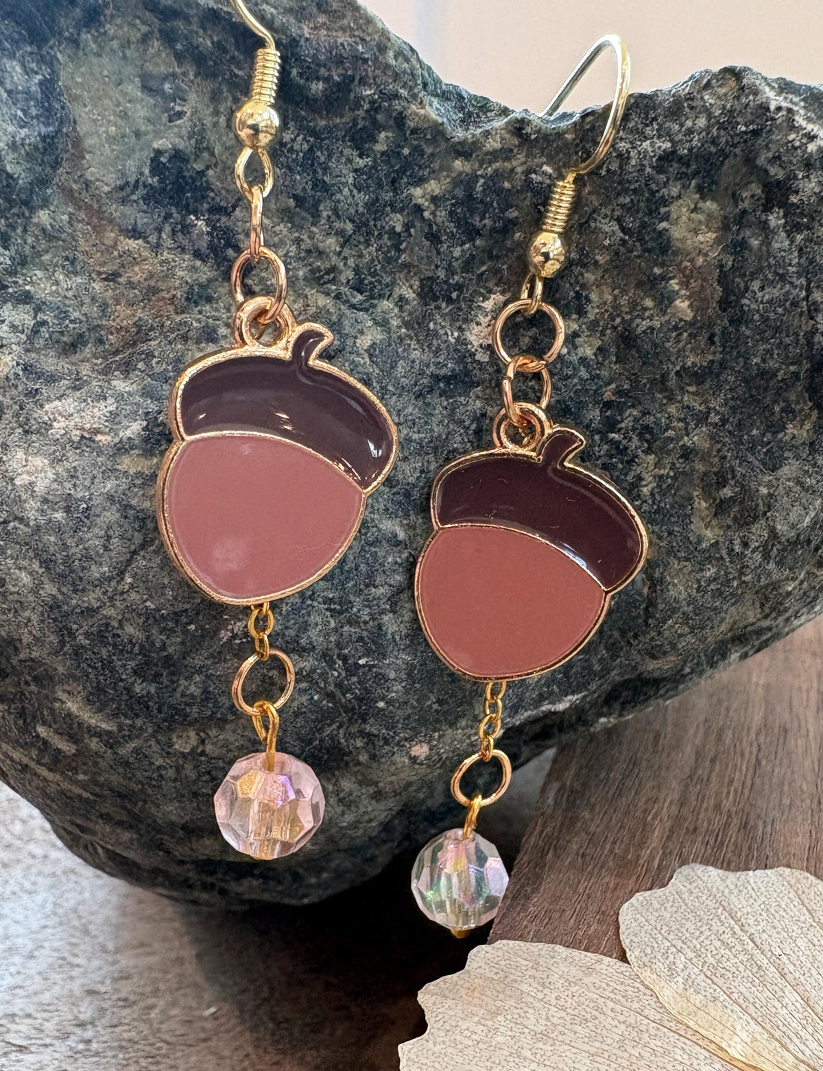 Pink Acorn Earrings, Fall Dangle Earrings, Woodland Autumn Jewelry