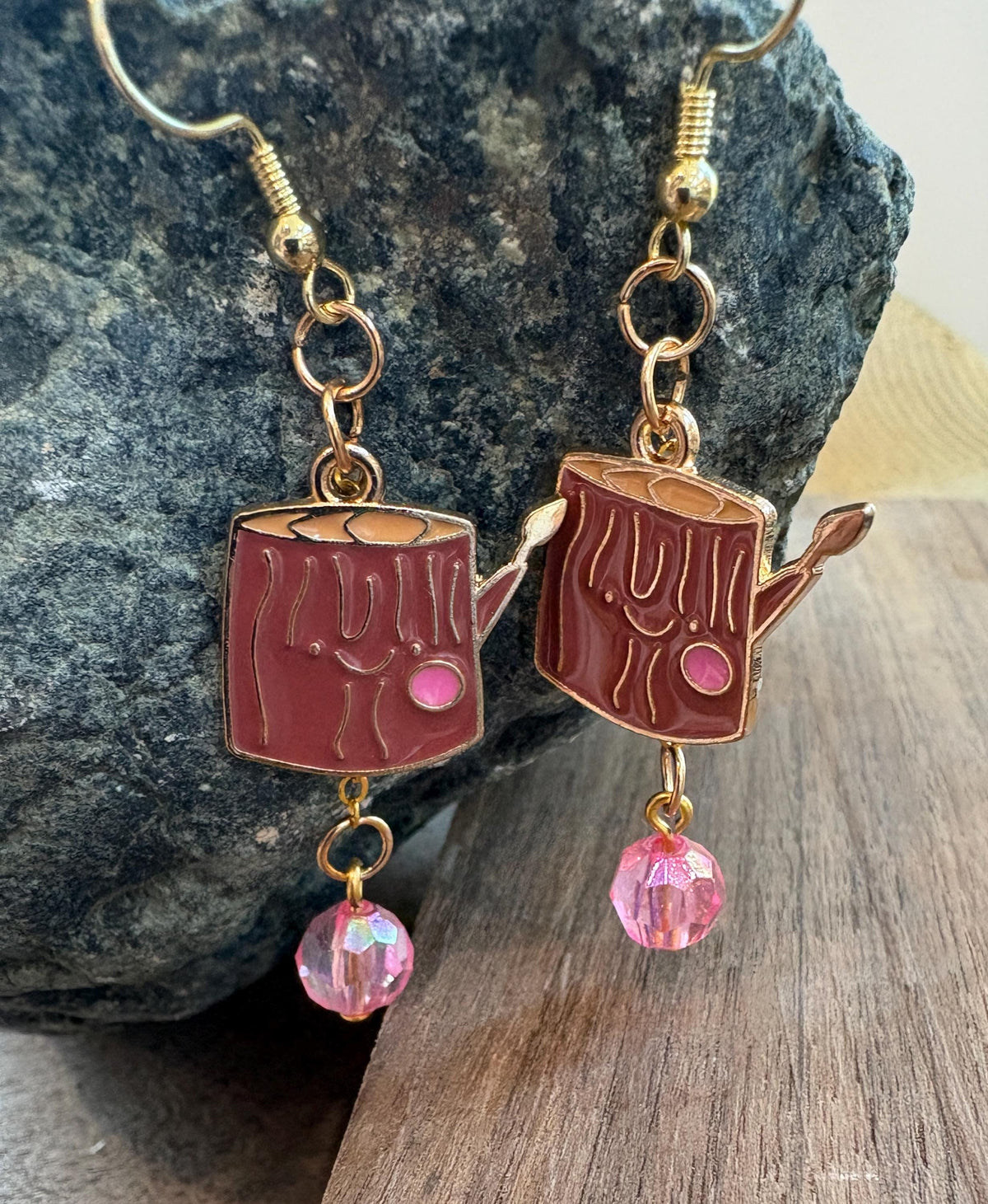 Log Wood Earrings, Fall Dangle Earrings, Woodland Autumn Jewelry, Pink, Brown, and Gold