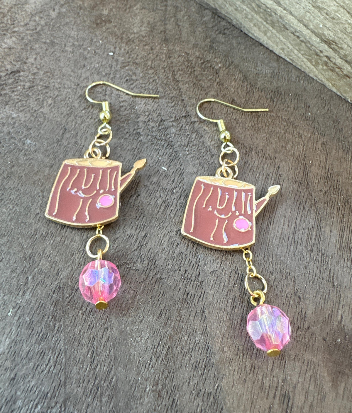 Log Wood Earrings, Fall Dangle Earrings, Woodland Autumn Jewelry, Pink, Brown, and Gold